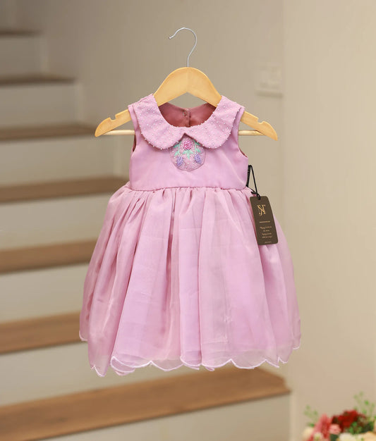 Pink Butter Organza Embroidered Casual Frock For Baby Girl [Ready To Ship: 5639]