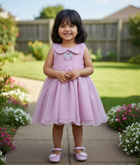 Pink Butter Organza Embroidered Casual Frock For Baby Girl [Ready To Ship: 5639]