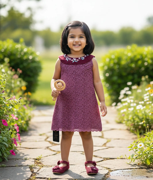 Wine Red Shimmer Georgette A-Line Frock For Baby Girl [Ready To Ship: 5641]