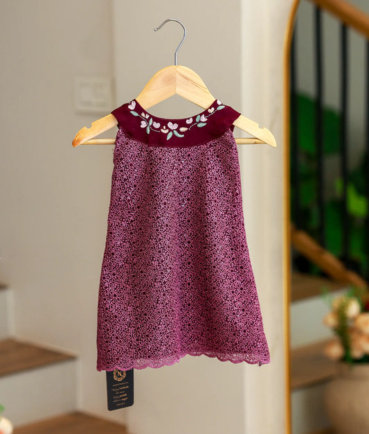 Wine Red Shimmer Georgette A-Line Frock For Baby Girl [Ready To Ship: 5641]