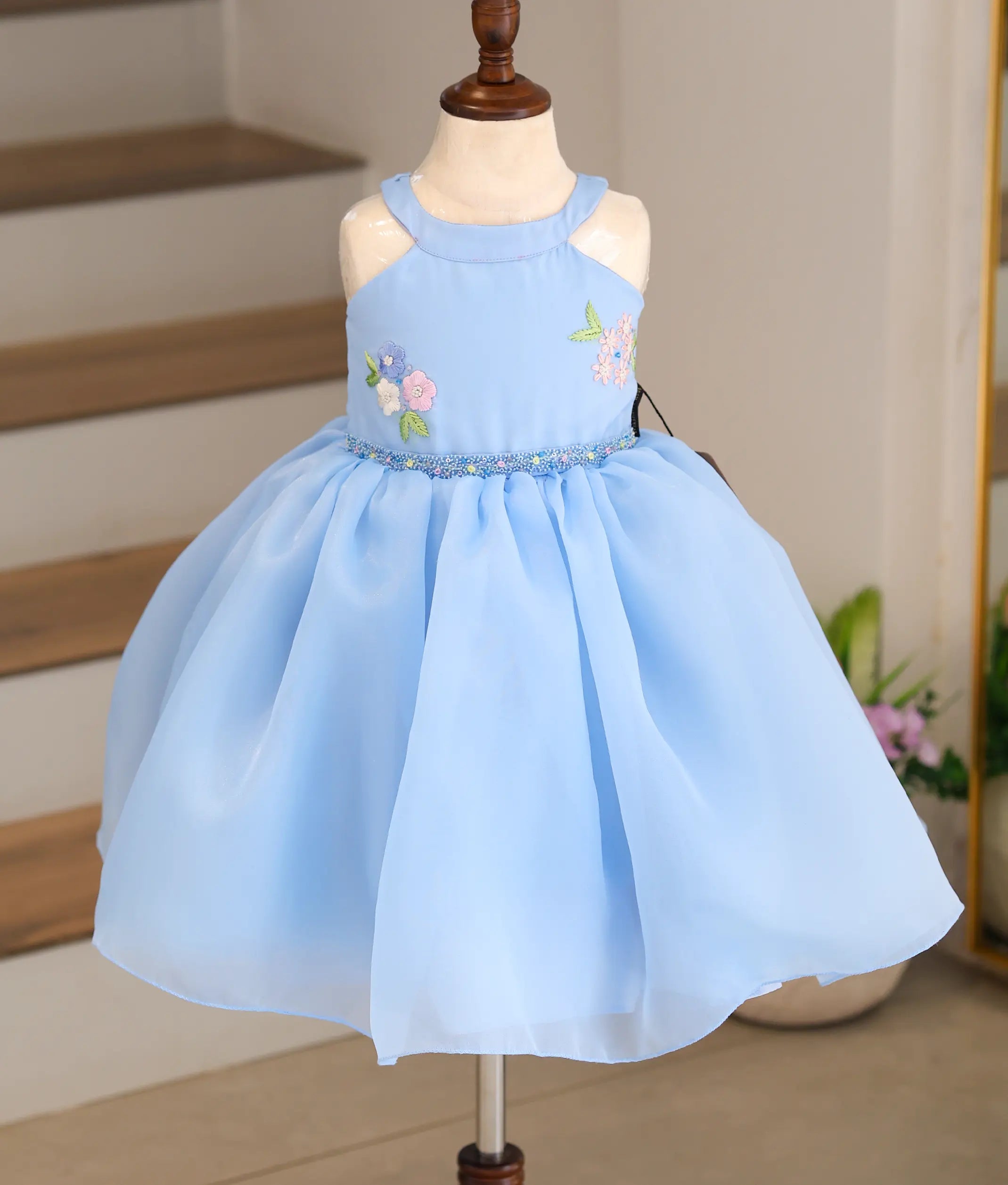 Pastel Blue Plain Organza Handworked Birthday Frock For Baby Girl [Ready To Ship: 5642]