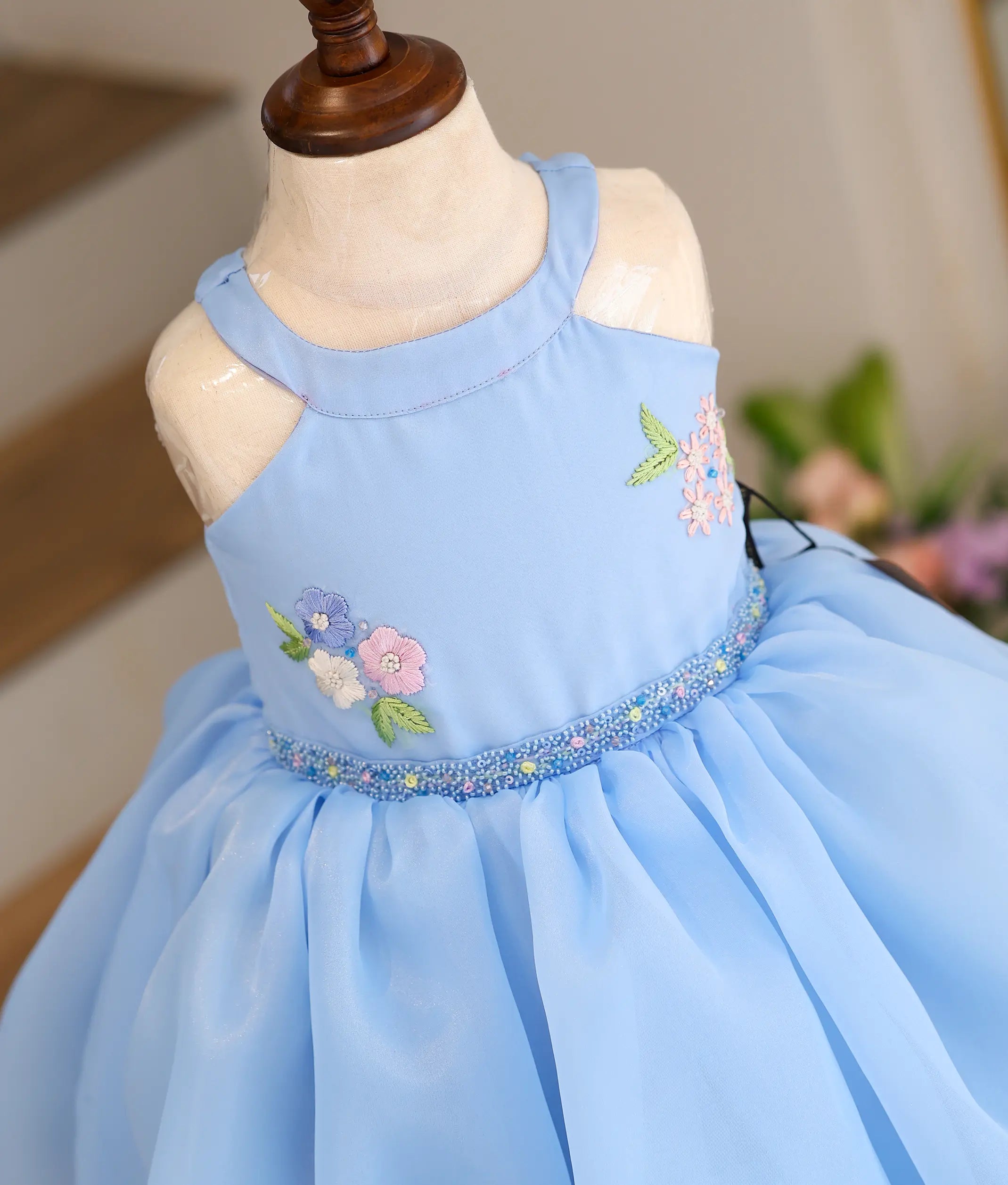 Pastel Blue Plain Organza Handworked Birthday Frock For Baby Girl [Ready To Ship: 5642]