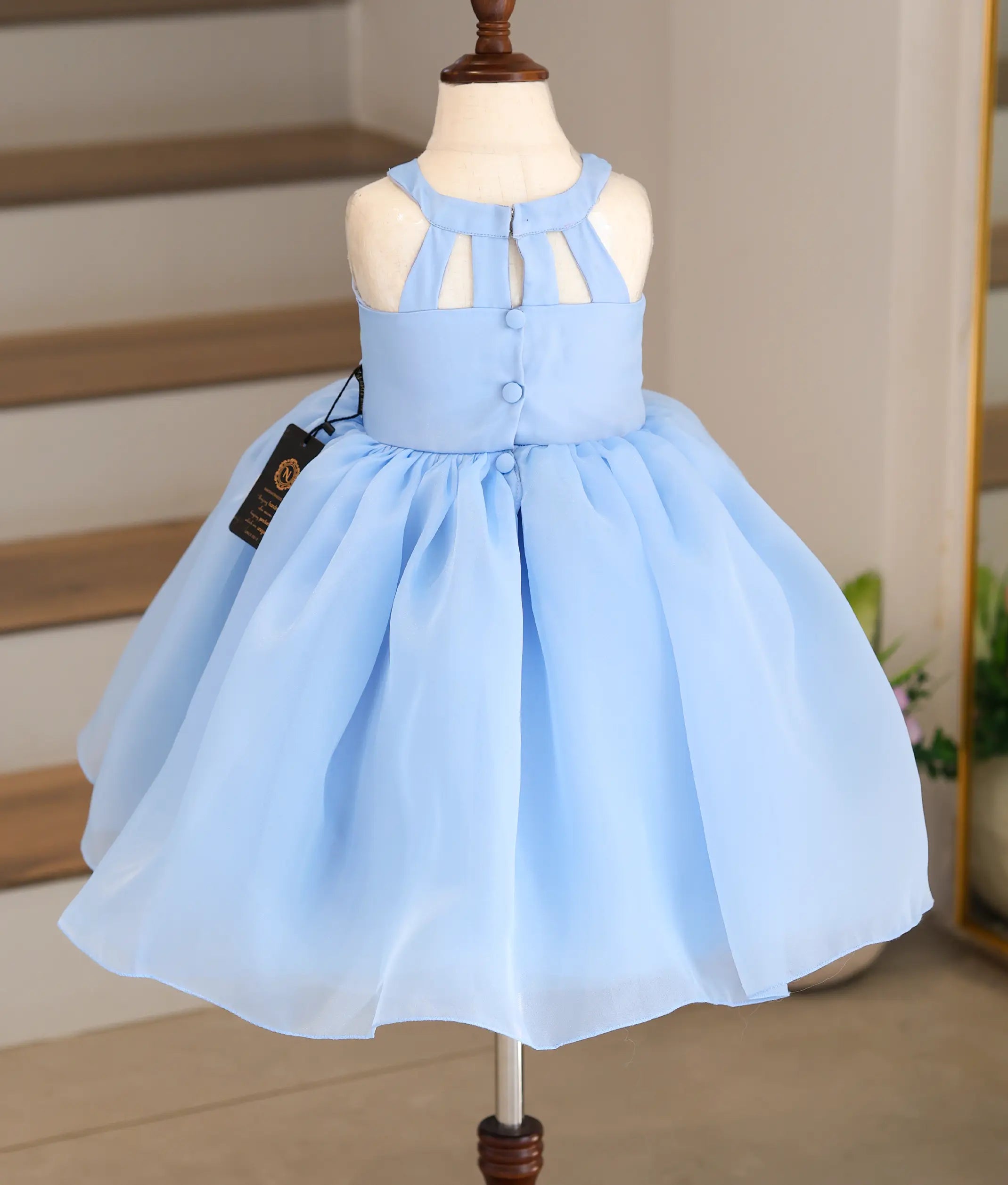 Pastel Blue Plain Organza Hand worked Birthday Frock for Baby Girl [5642]