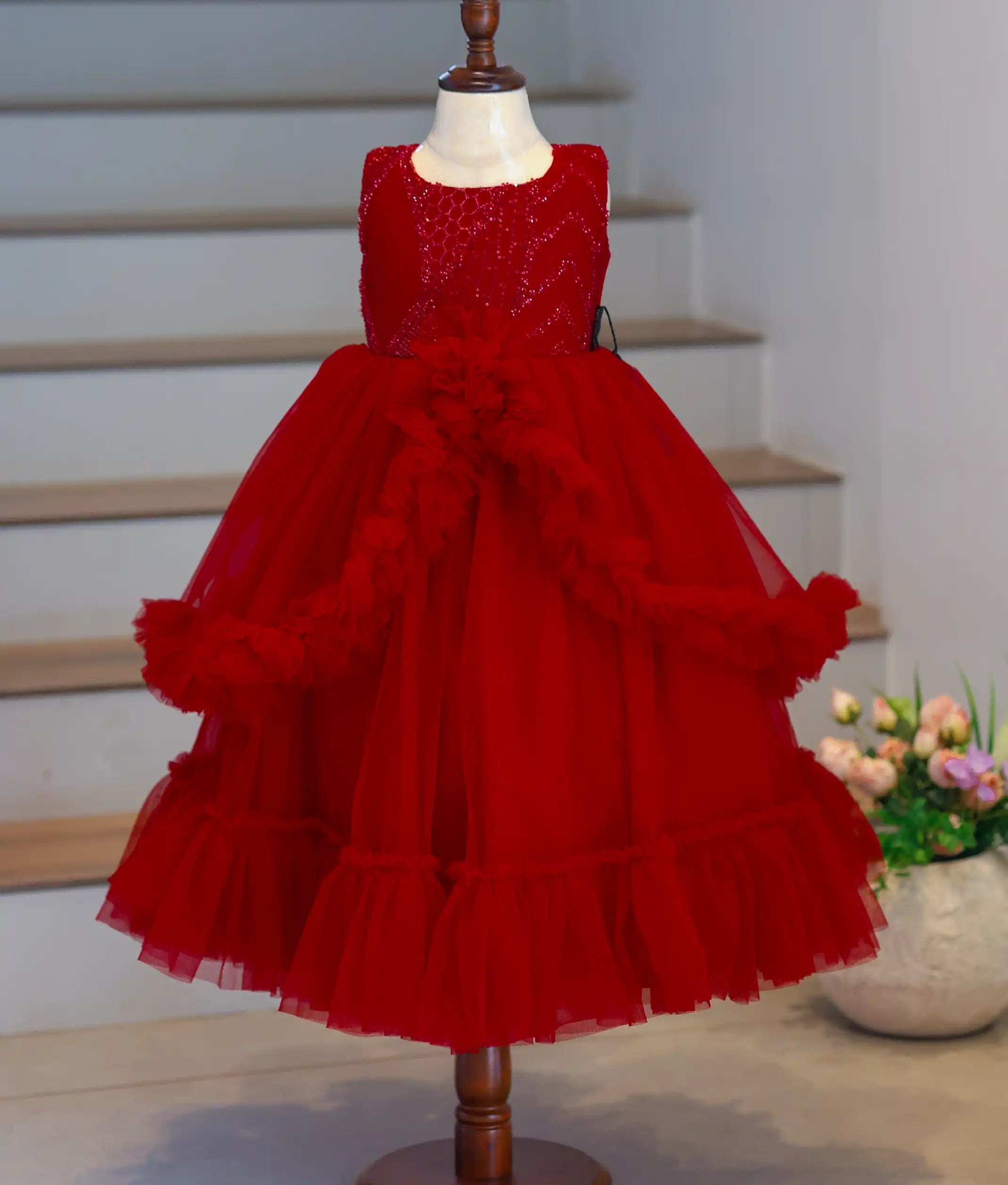 Red Tulle Net And Work Material Birthday Gown For Baby Girl [Ready To Ship: 5643]