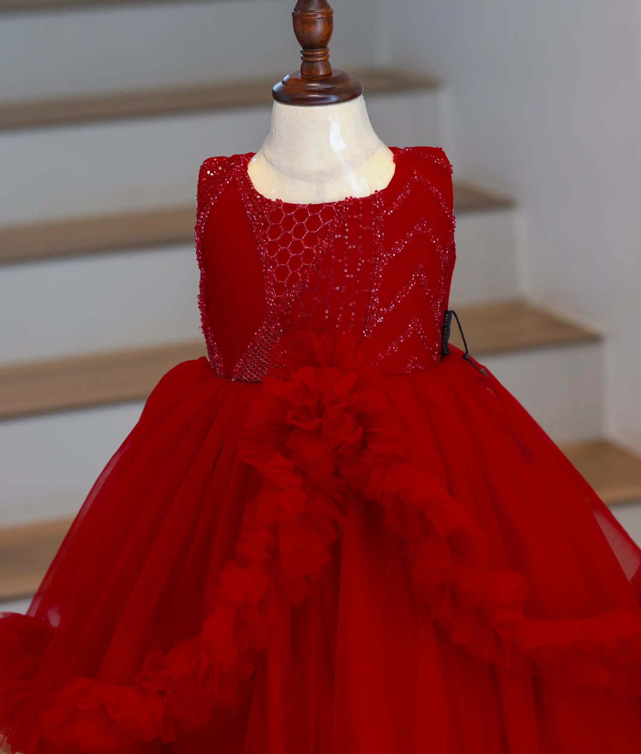 Red Tulle Net And Work Material Birthday Gown For Baby Girl [Ready To Ship: 5643]