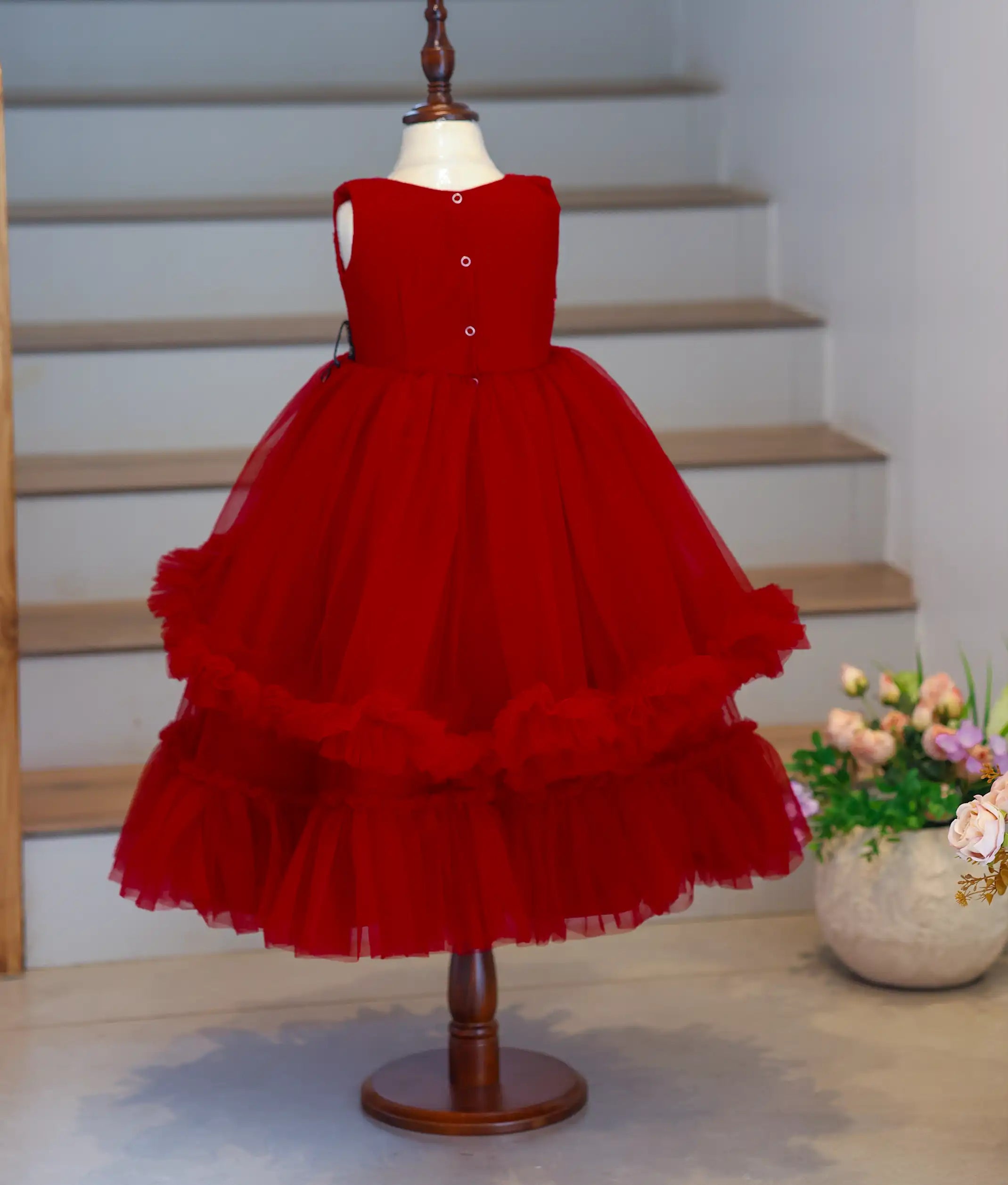 Red Tulle Net And Work Material Birthday Gown For Baby Girl [5643]
