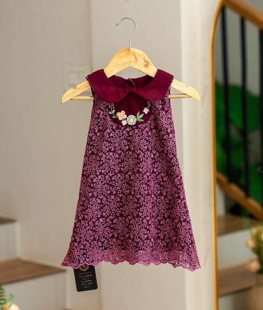Wine Red Shimmer Georgette A-Line Frock For Baby Girl [Ready To Ship: 5646]