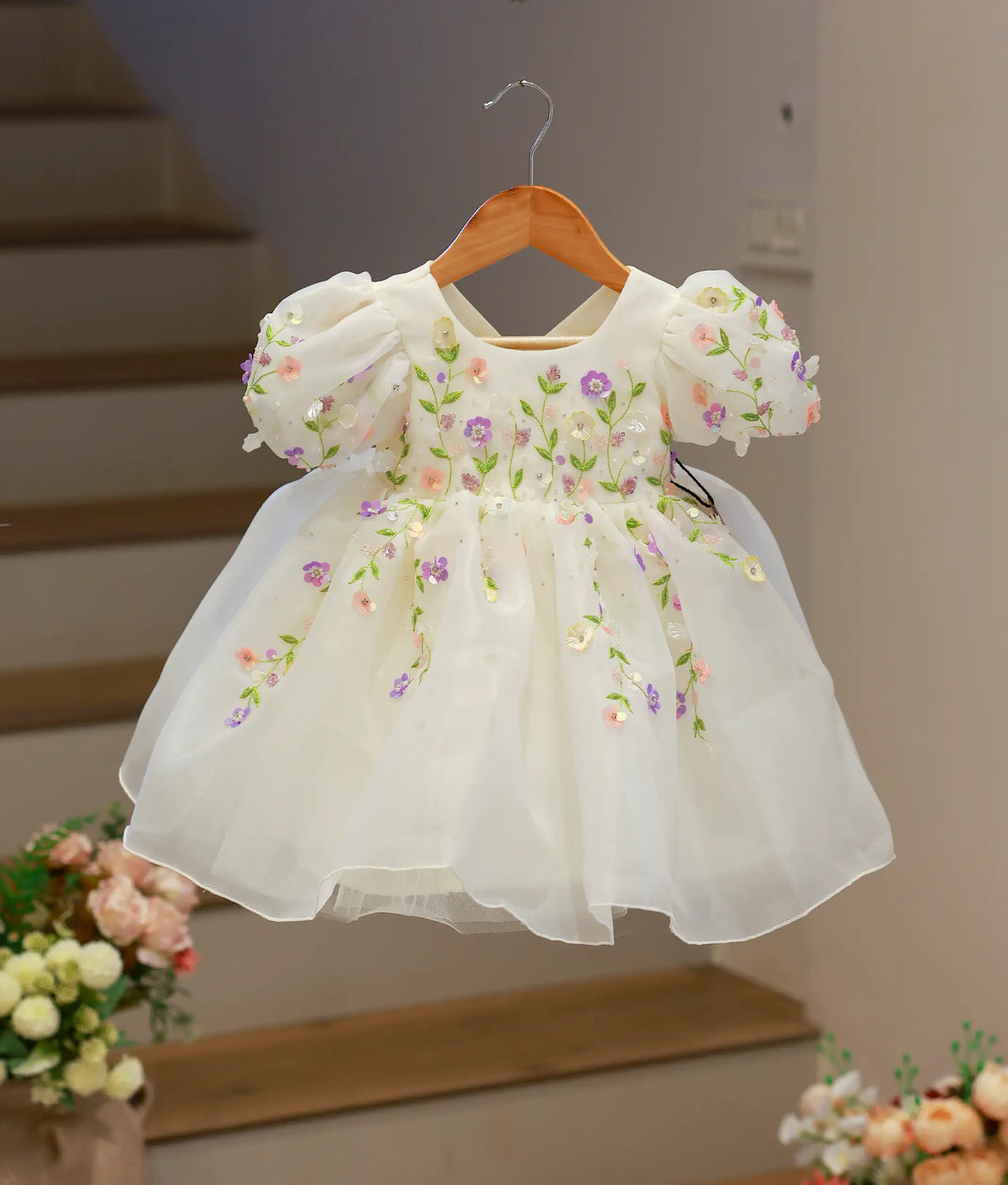 Off-White Plain Organza Flower Theme Birthday Frock For Baby Girl [6008A]
