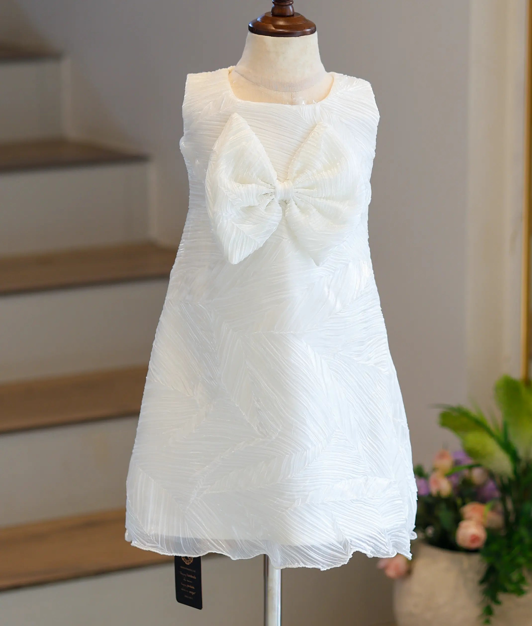 Off-White Tuck Organza Textured A-Line Frock for Baby Girl [6020A]