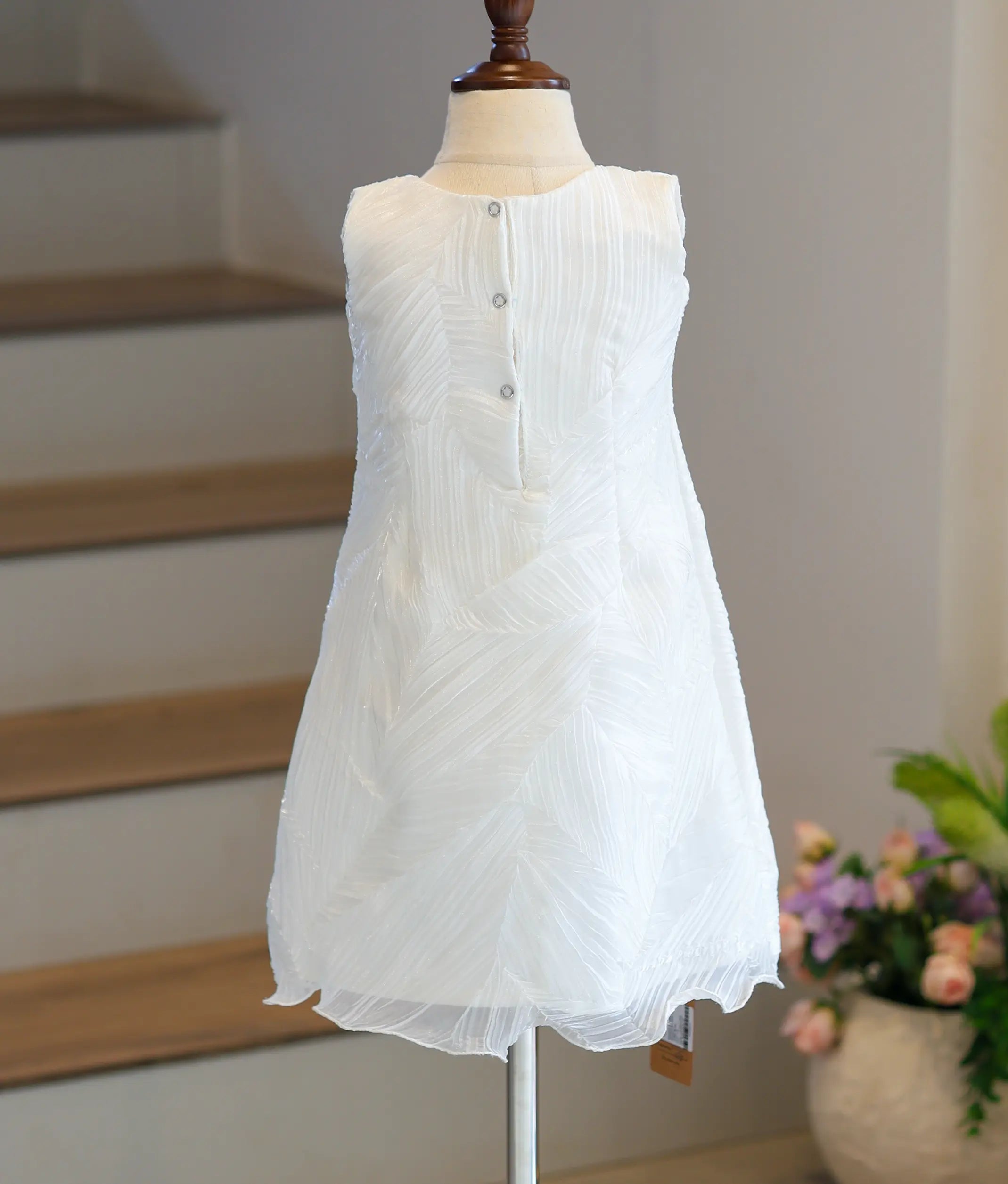Off-White Tuck Organza Textured A-Line Frock for Baby Girl [6020A]