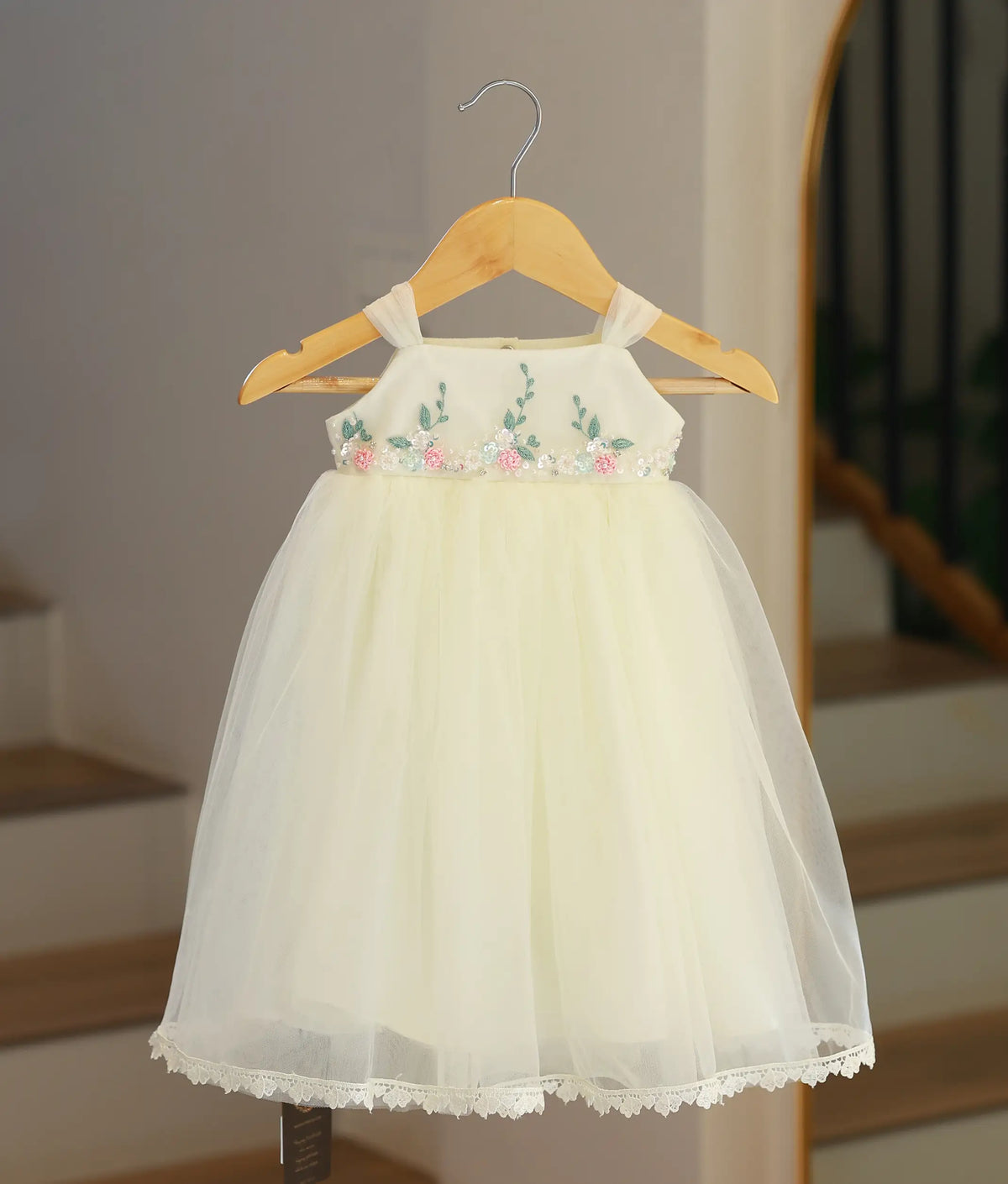 Off-white Tulle Net Handworked Baptism Gown for Baby Girl [6026]