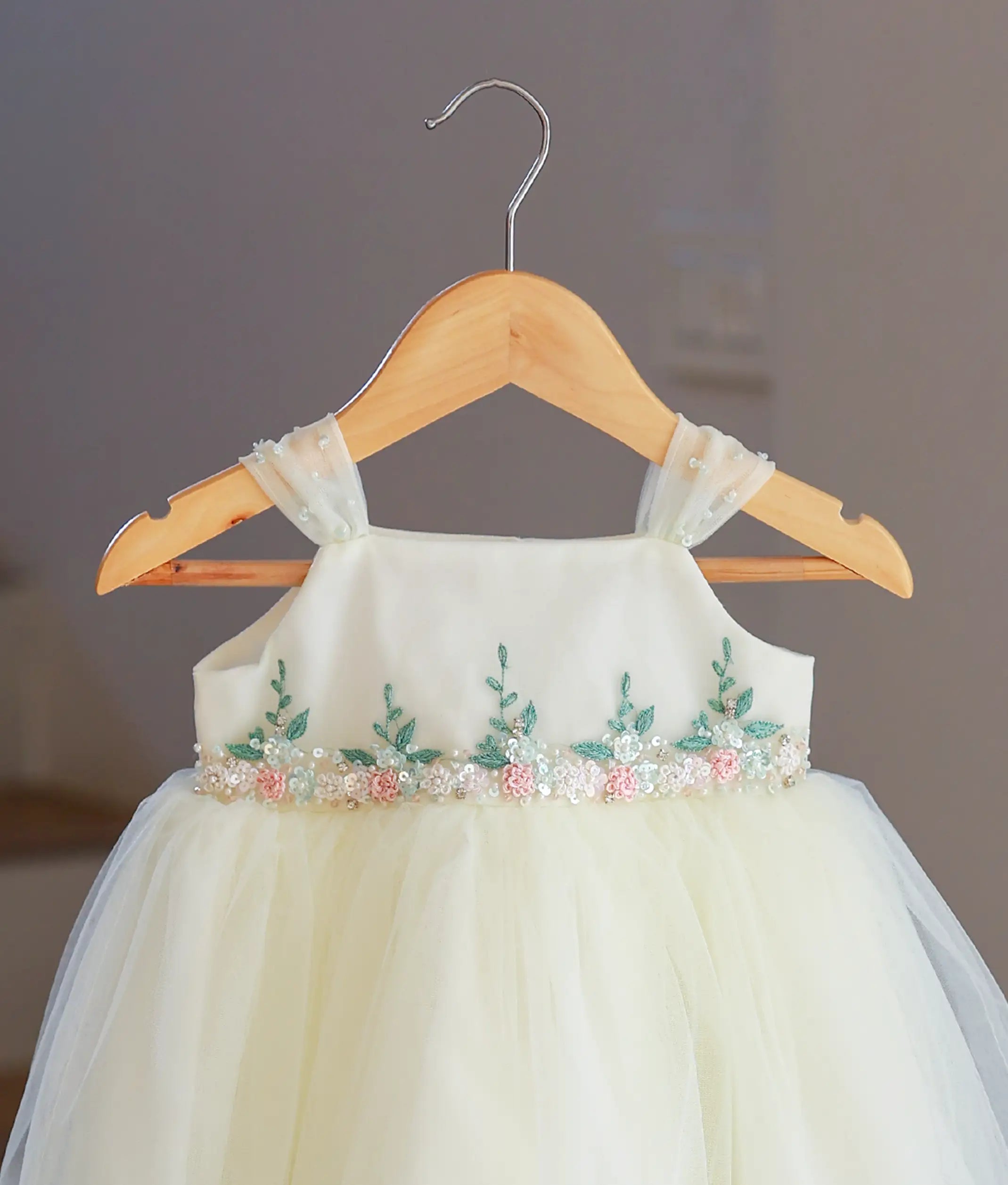 Off-white Tulle Net Handworked Baptism Frock For Baby Girl [Pre-order: 6026]