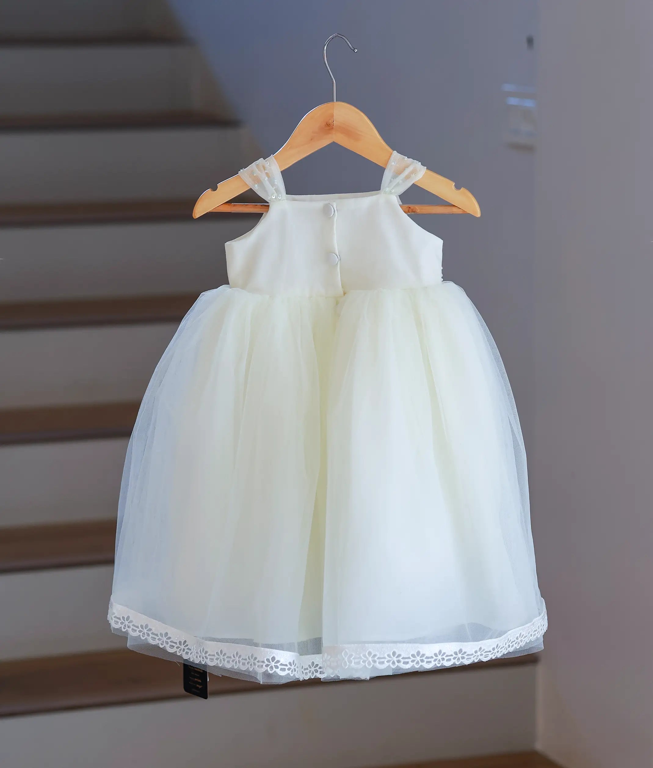 Off-white Tulle Net Handworked Baptism Frock For Baby Girl [Pre Order: 6026]