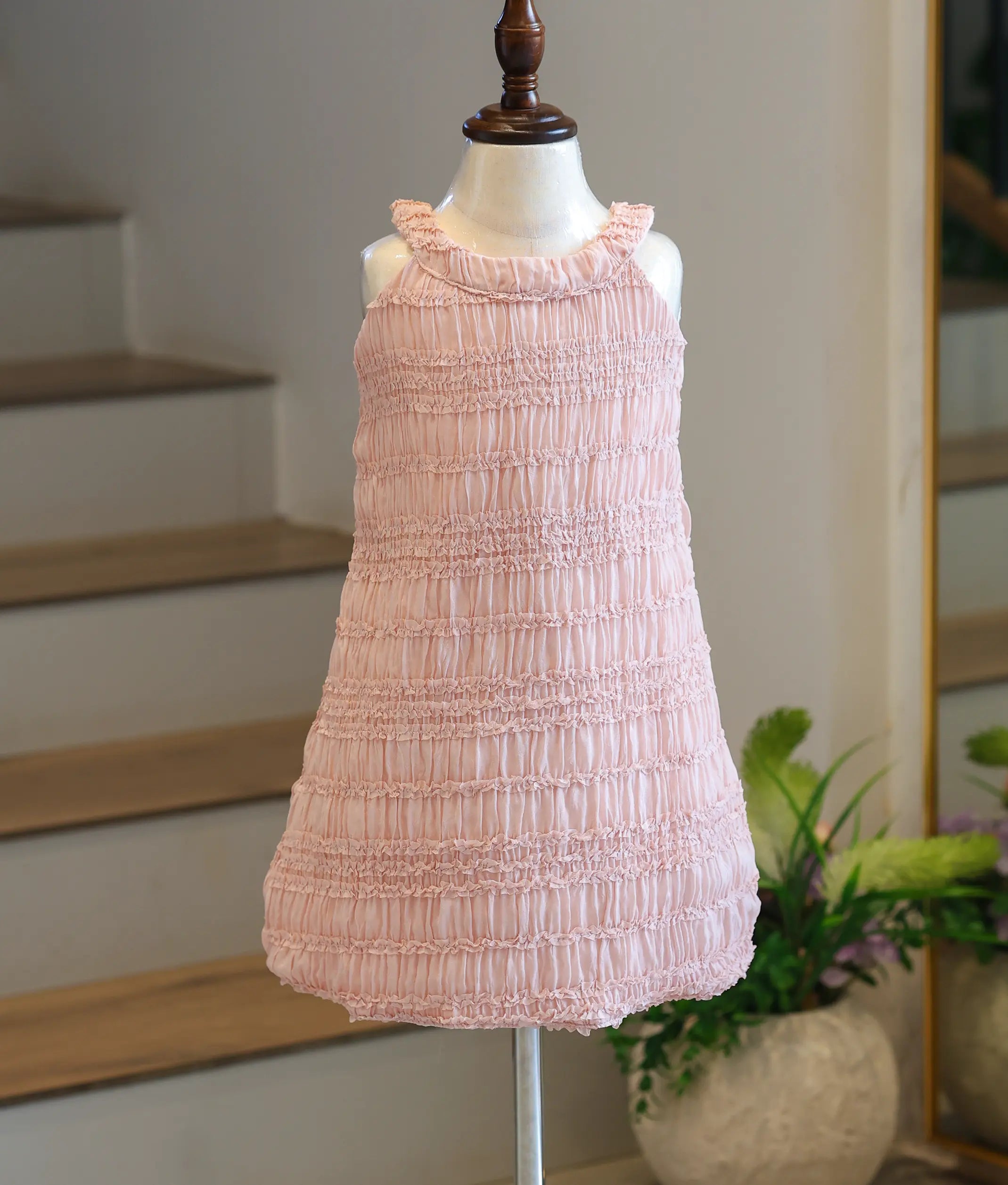 Pastel Peach Work Material Textured A-Line Frock For Baby Girl [6029A]