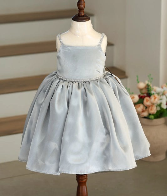 Ash Satin Organza Handworked Birthday Frock For Baby Girl [Ready To Ship: 6034]