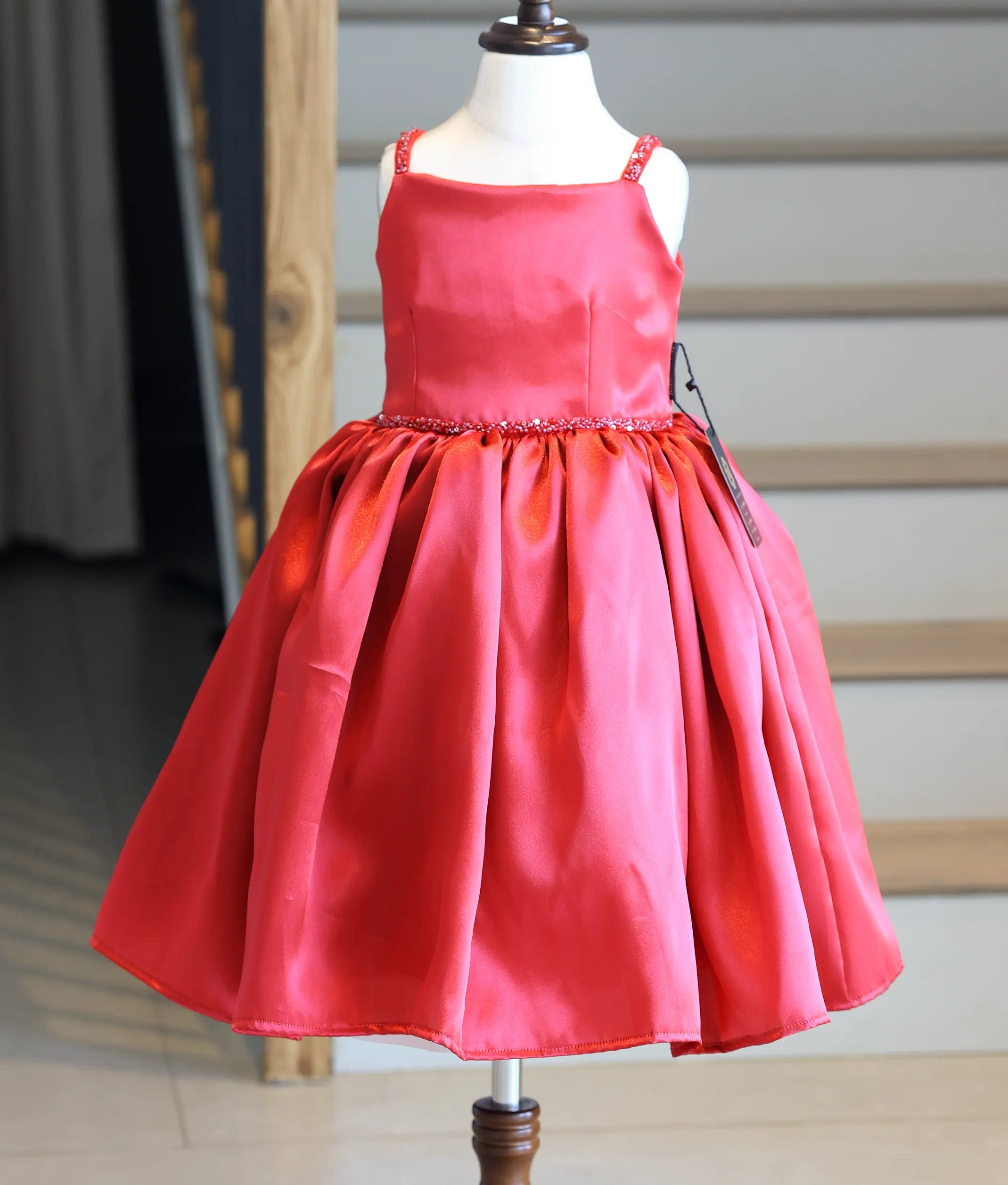Red Satin Organza Handworked Birthday Frock For Baby Girl [Ready To Ship: 6035]