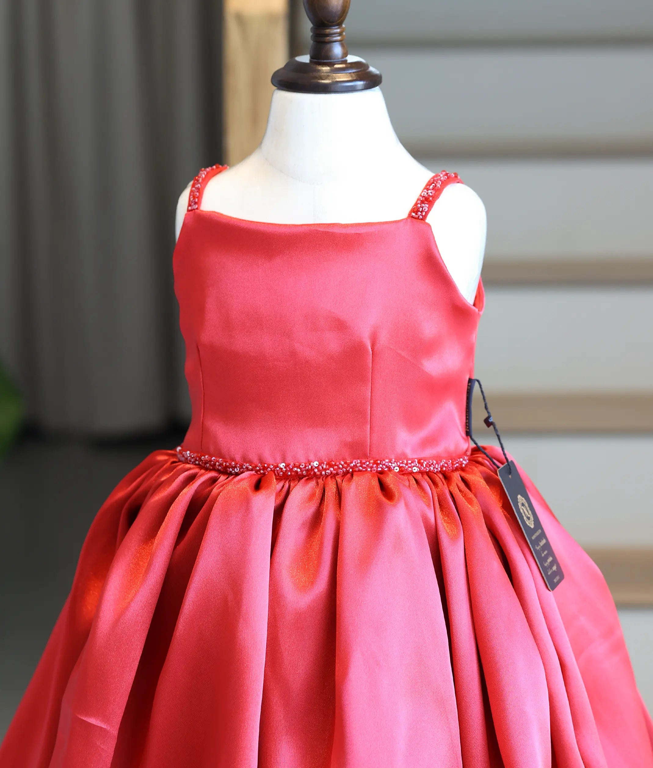 Red Satin Organza Handworked Birthday Frock For Baby Girl [Ready To Ship: 6035]
