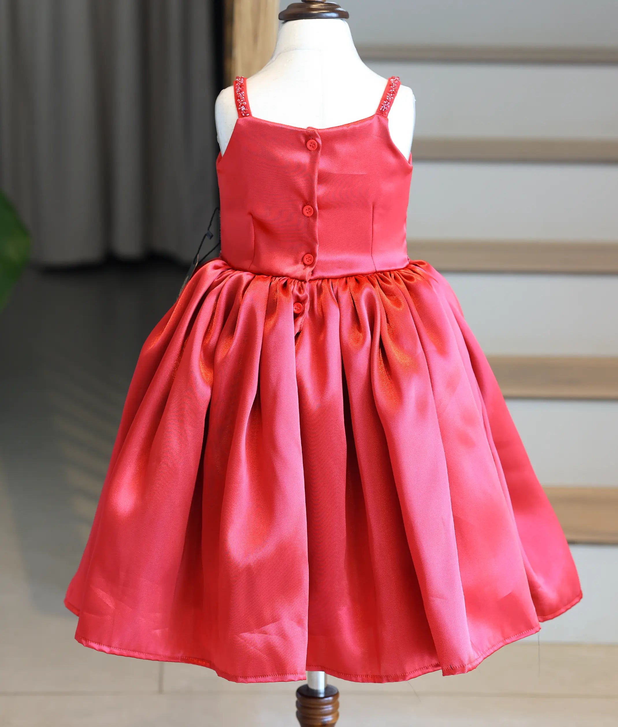 Red Satin Organza Hand worked Birthday Frock for Baby Girl [R6035]