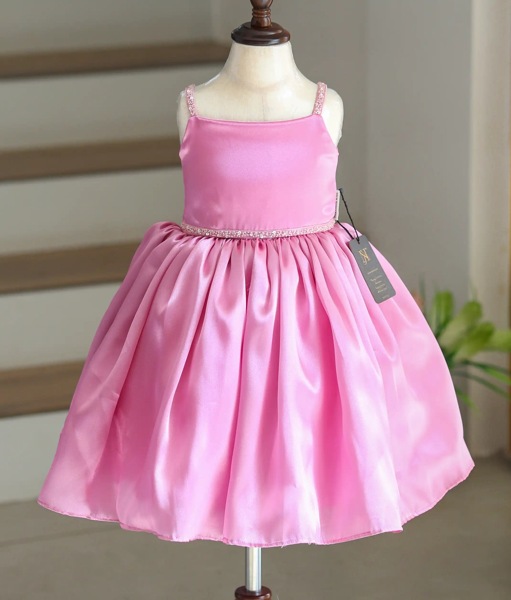 Pink Satin Organza Handworked Birthday Frock For Baby Girl [Ready To Ship: 6037]