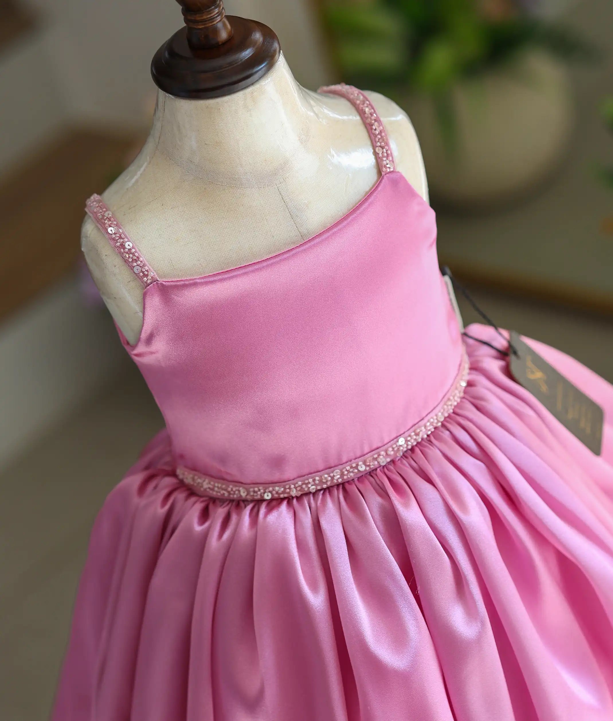 Pink Satin Organza Handworked Birthday Frock For Baby Girl [Ready To Ship: 6037]
