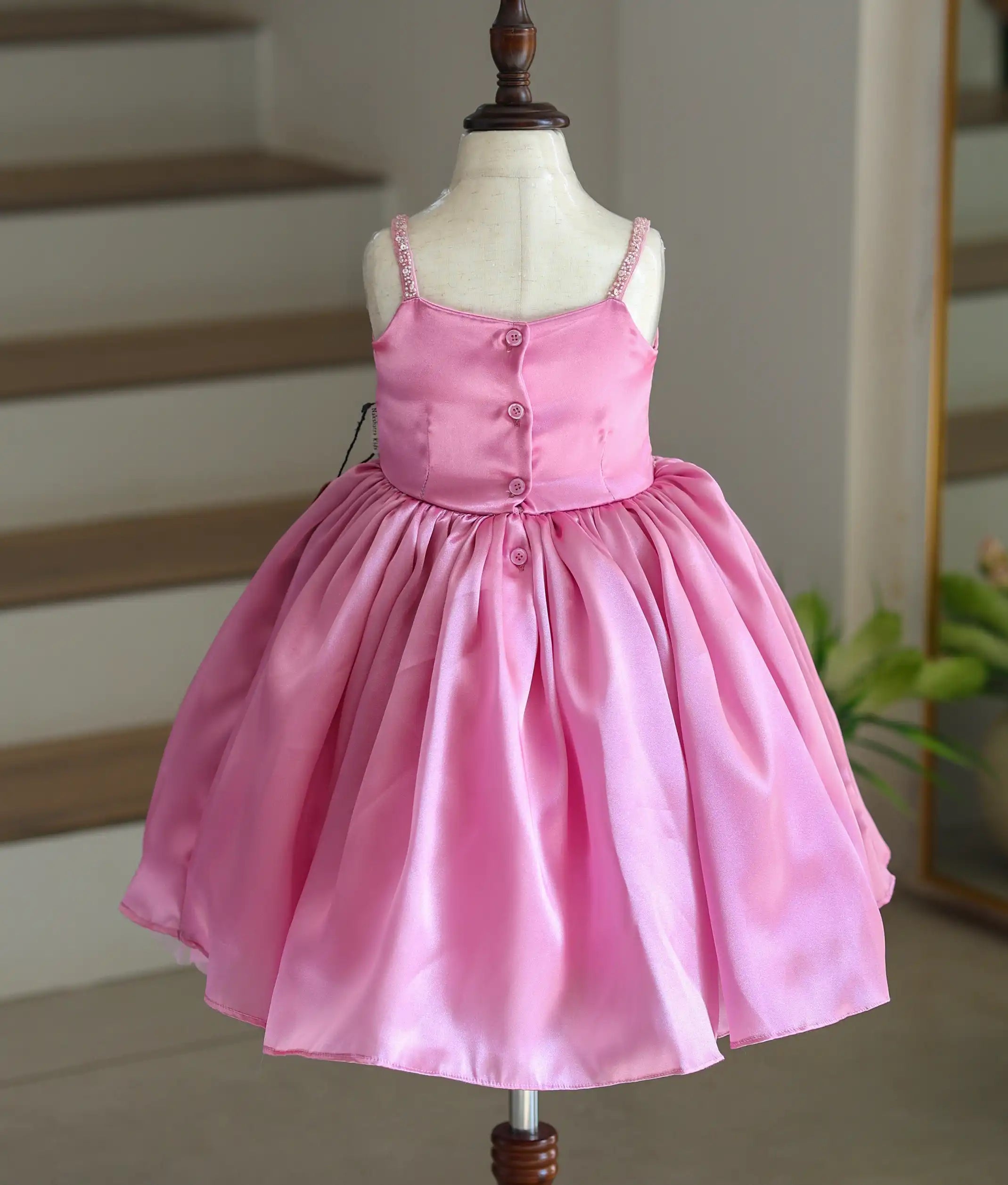 Pink Satin Organza Handworked Birthday Frock For Baby Girl [6037]
