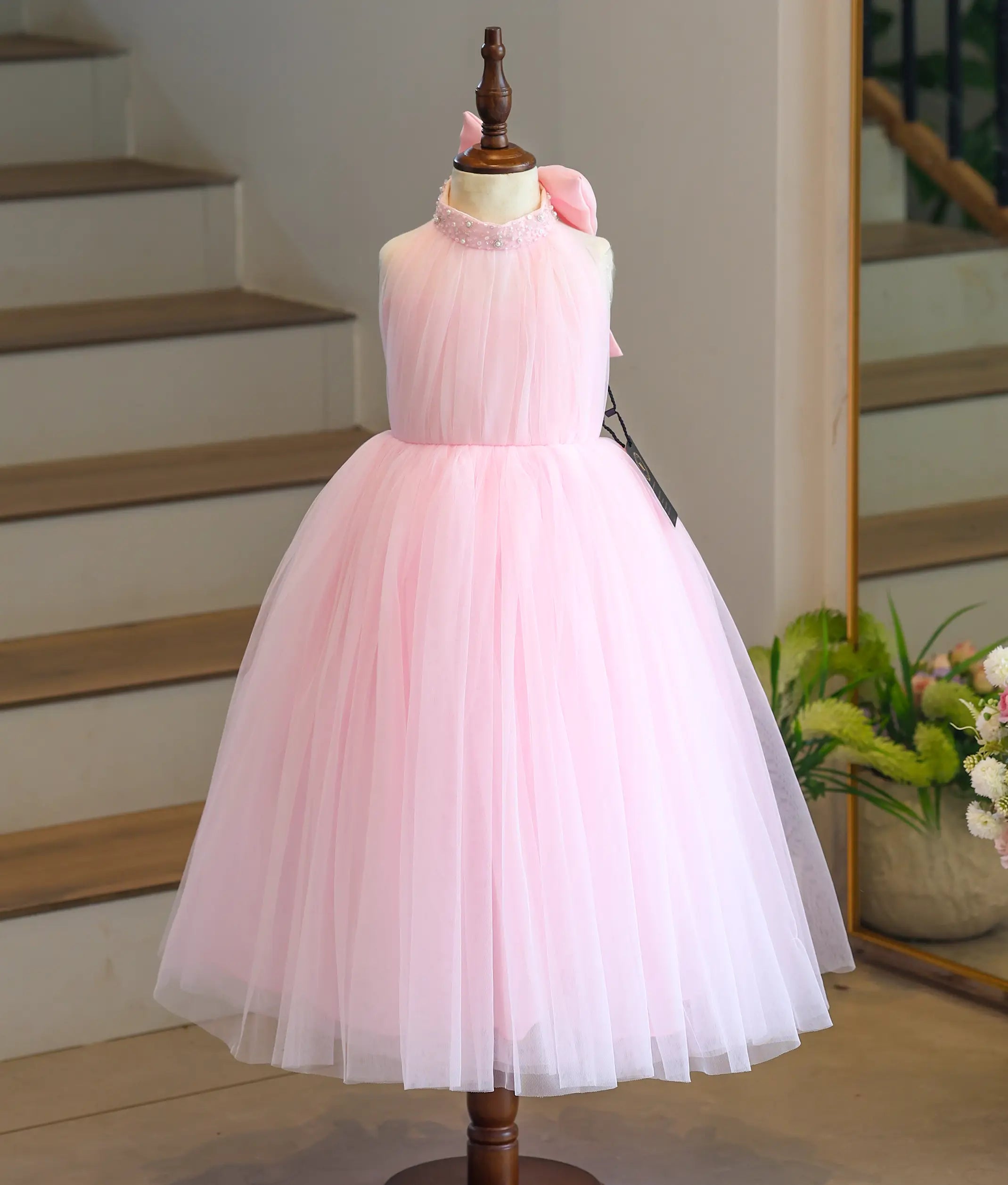 Baby Pink Tulle Net Handworked Birthday Gown For Baby Girl [6040A]