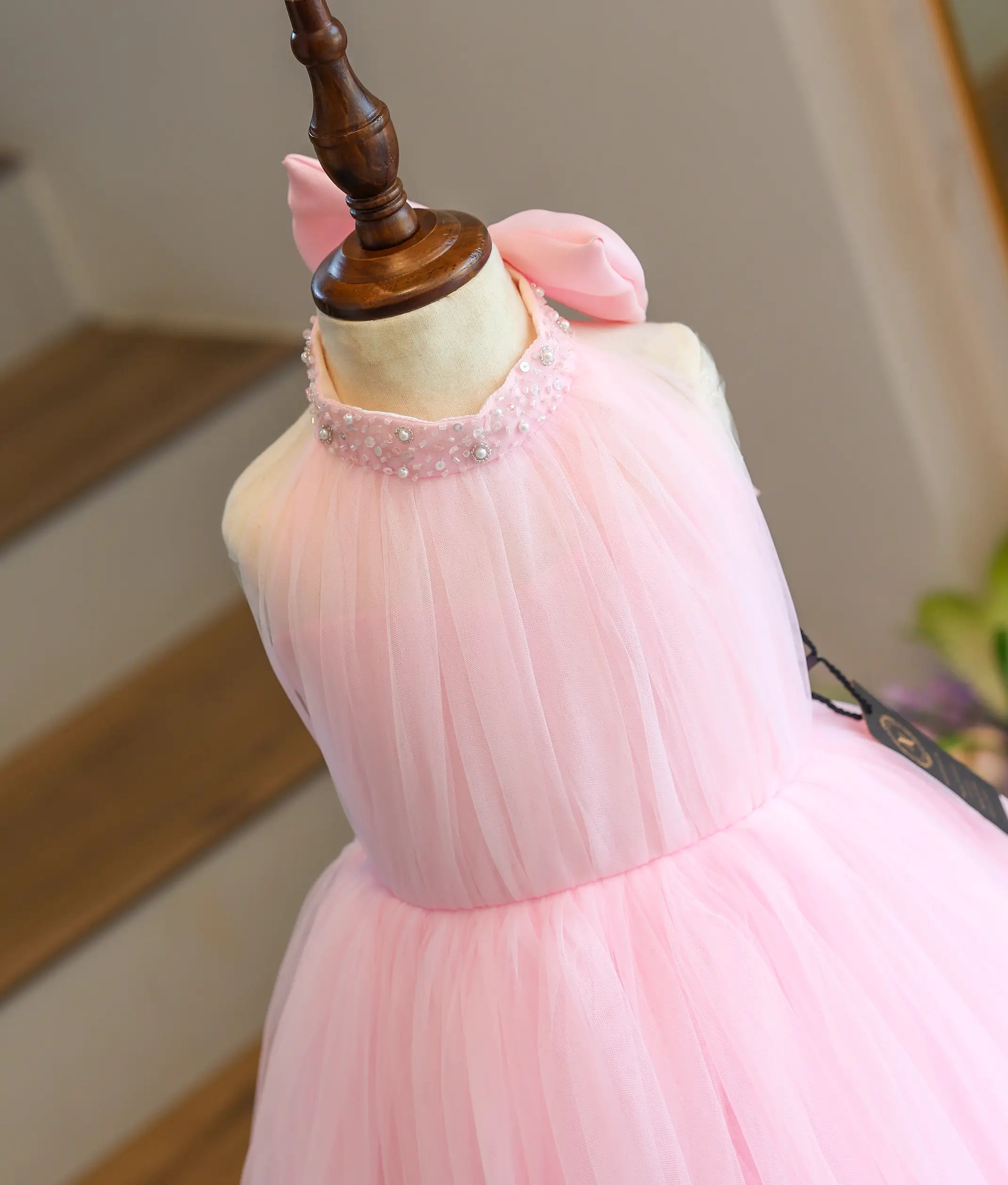 Baby Pink Tulle Net Handworked Birthday Gown For Baby Girl [6040A]