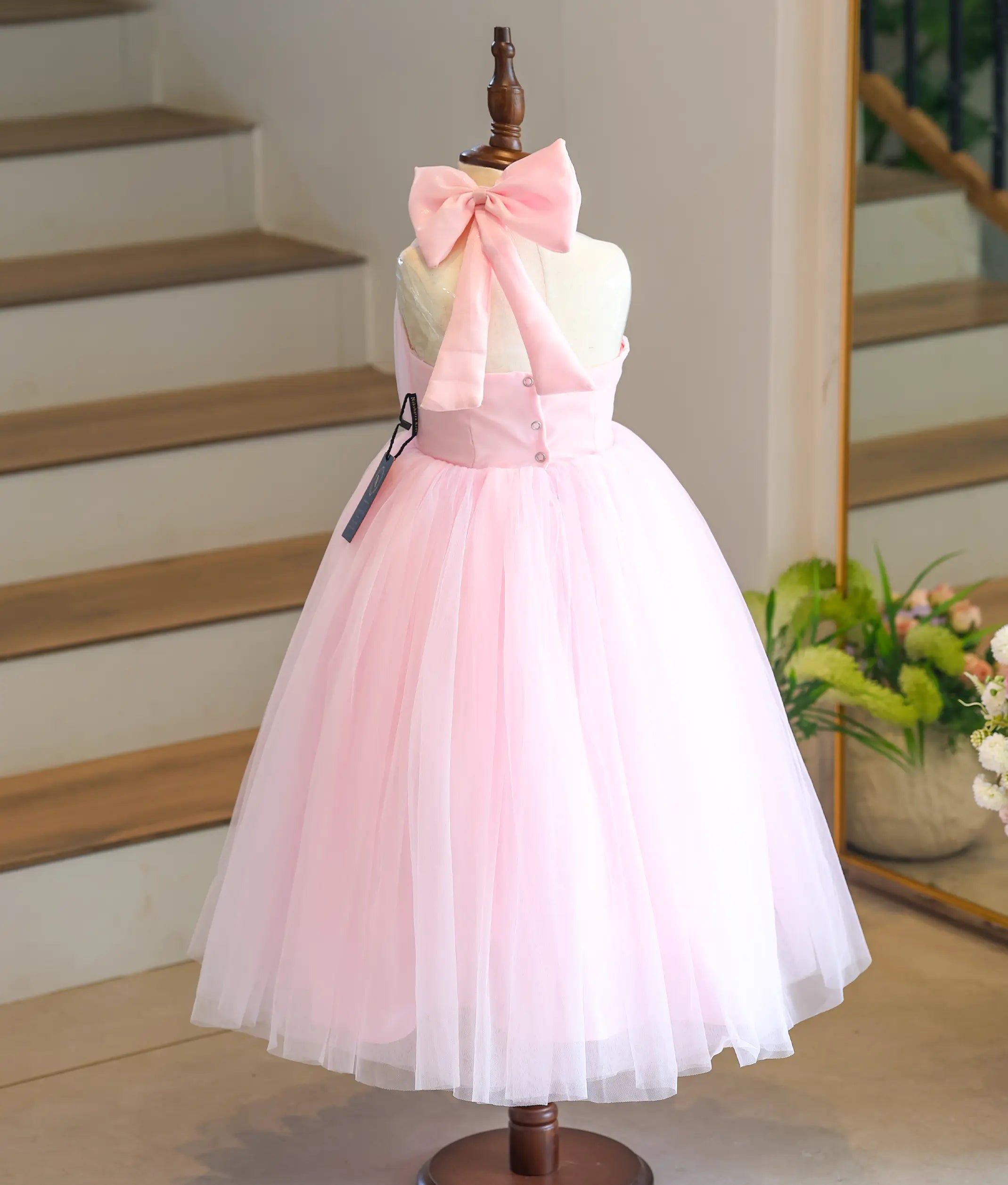 Baby Pink Tulle Net Handworked Birthday Gown For Baby Girl [6040A]