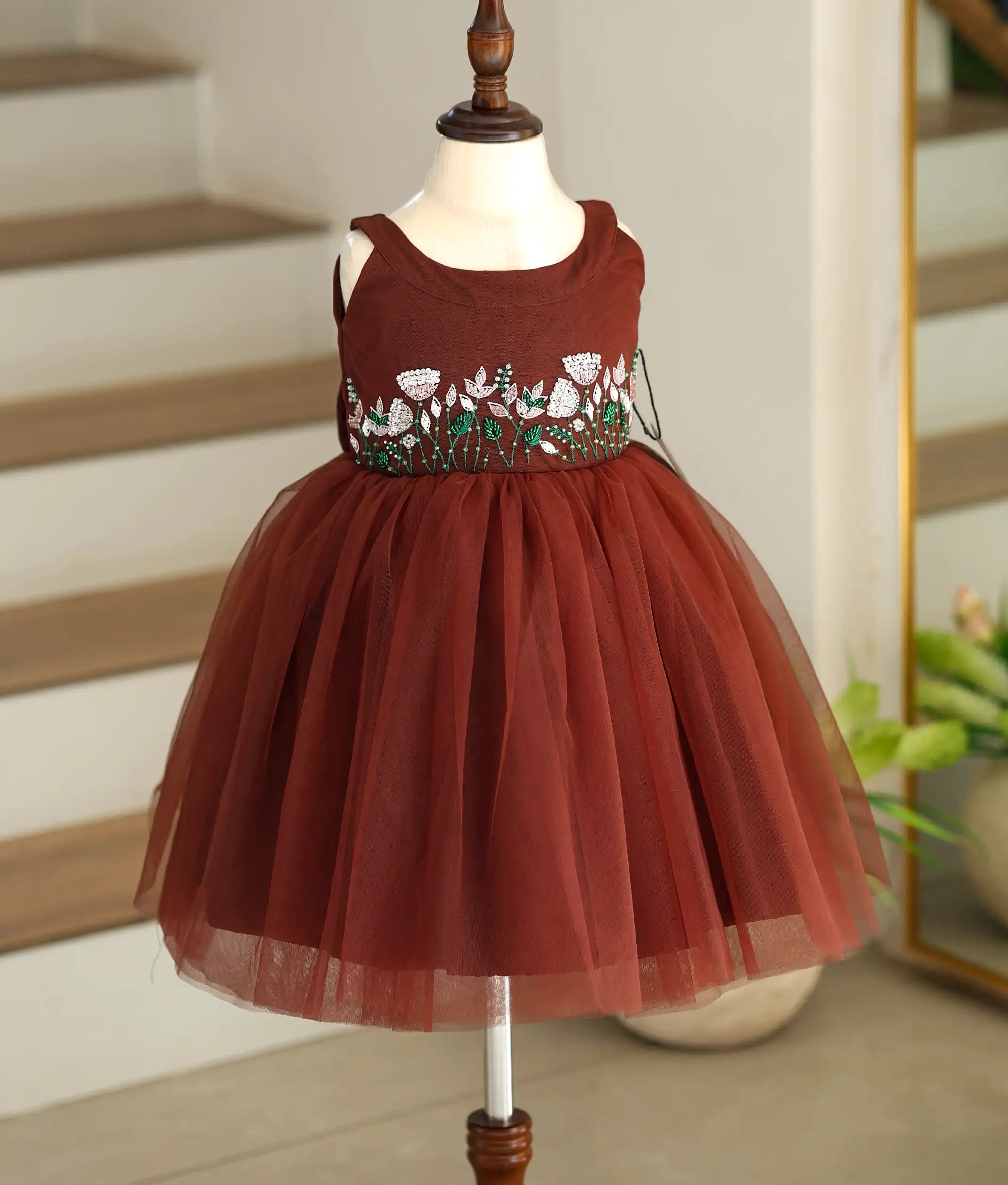 Coffee Brown Tulle Net Handworked Birthday Frock For Baby Girl [Ready To Ship: 6044]