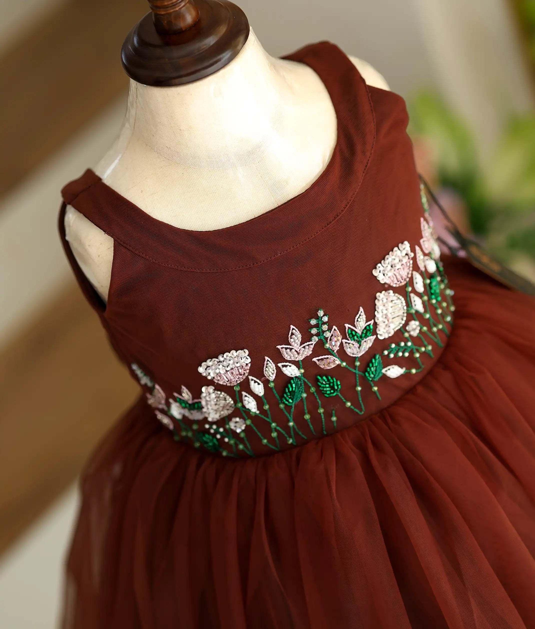 Coffee Brown Tulle Net Handworked Birthday Frock For Baby Girl [Ready To Ship: 6044]