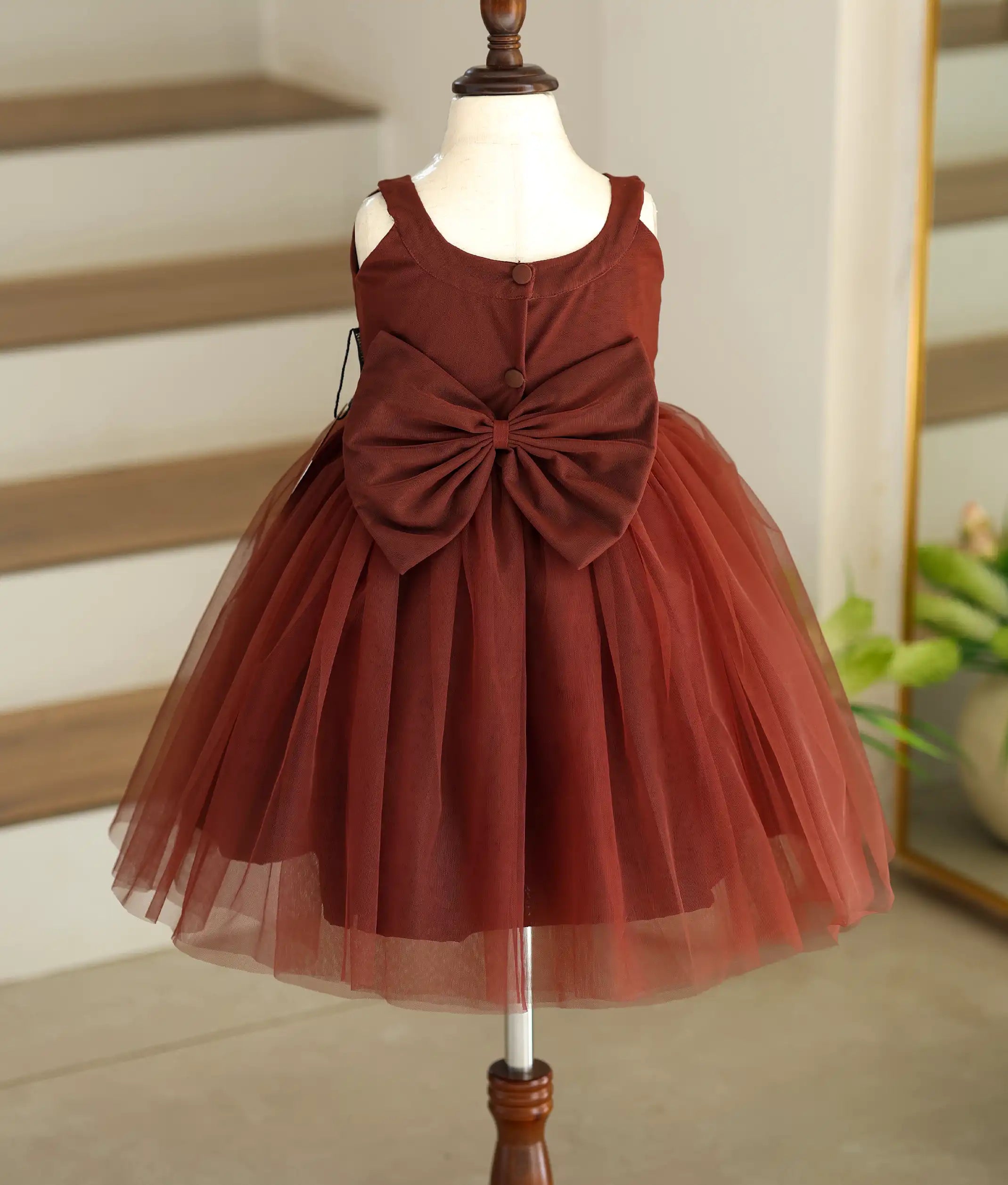 Coffee Brown Tulle Net Handworked Birthday Frock For Baby Girl [6044]
