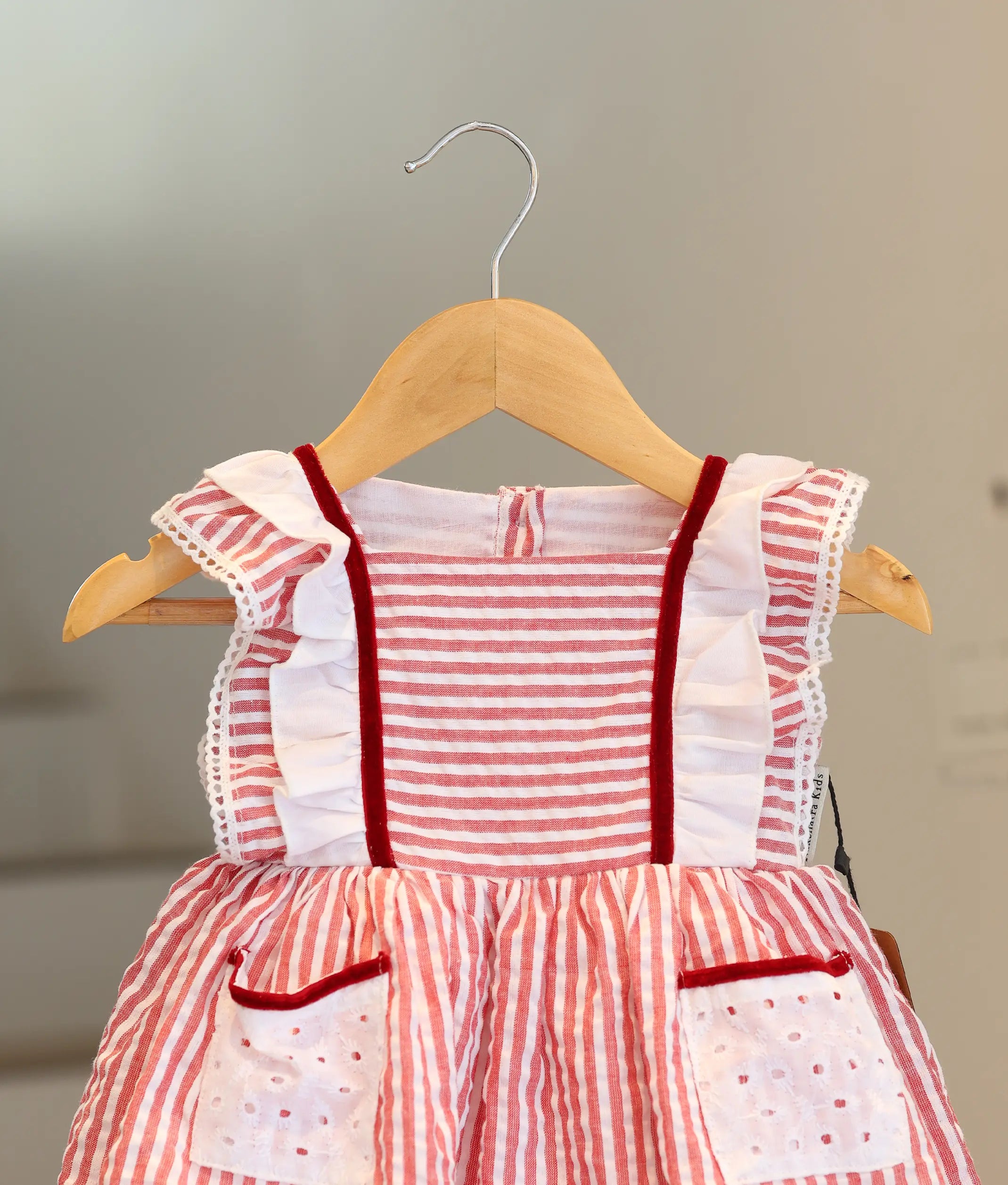 Red And White Striped Linen Cotton Frock For Baby Girl [Ready To Ship: 6054]