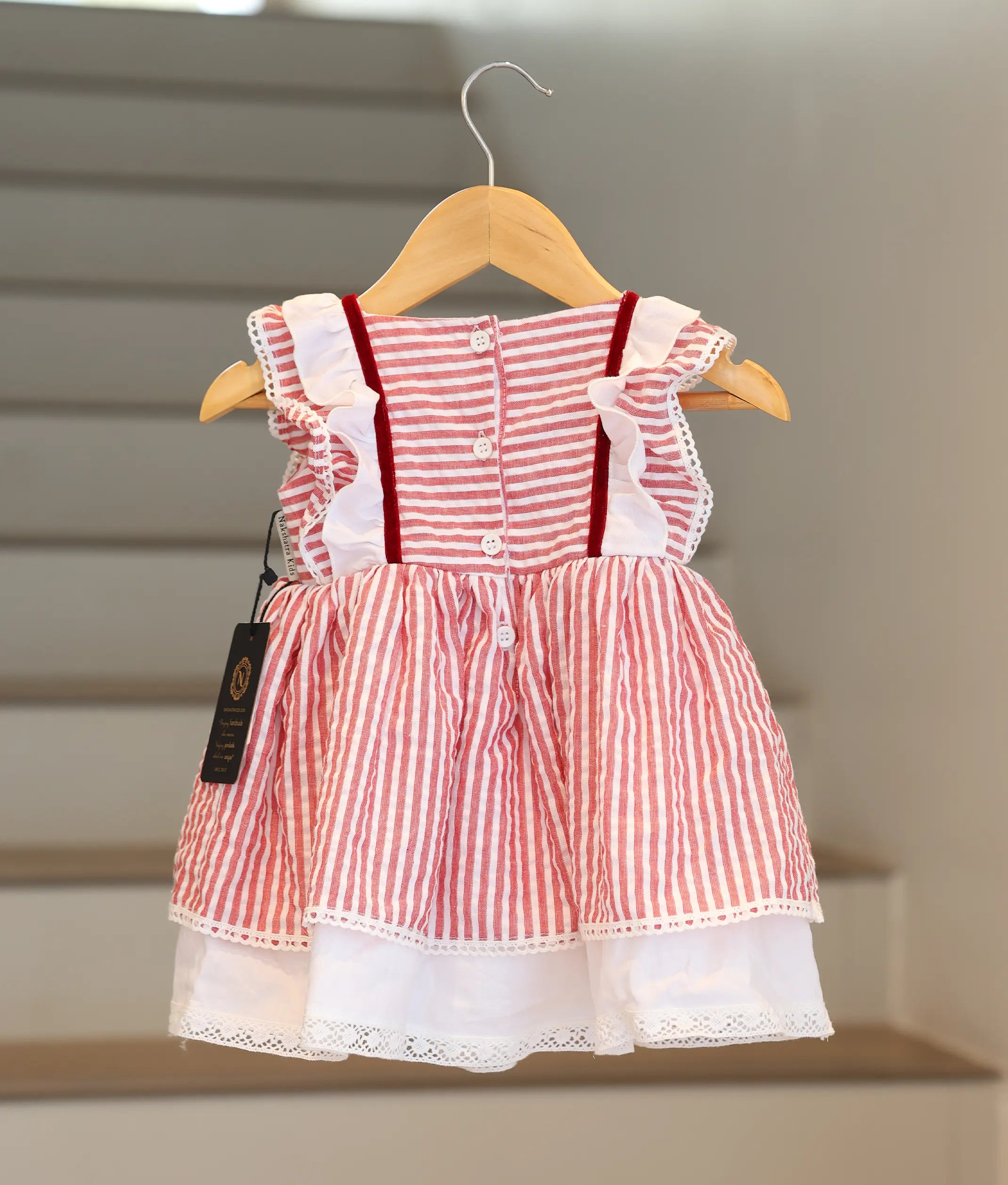Red And White Striped Linen Cotton Frock For Baby Girl [Ready To Ship: 6054]