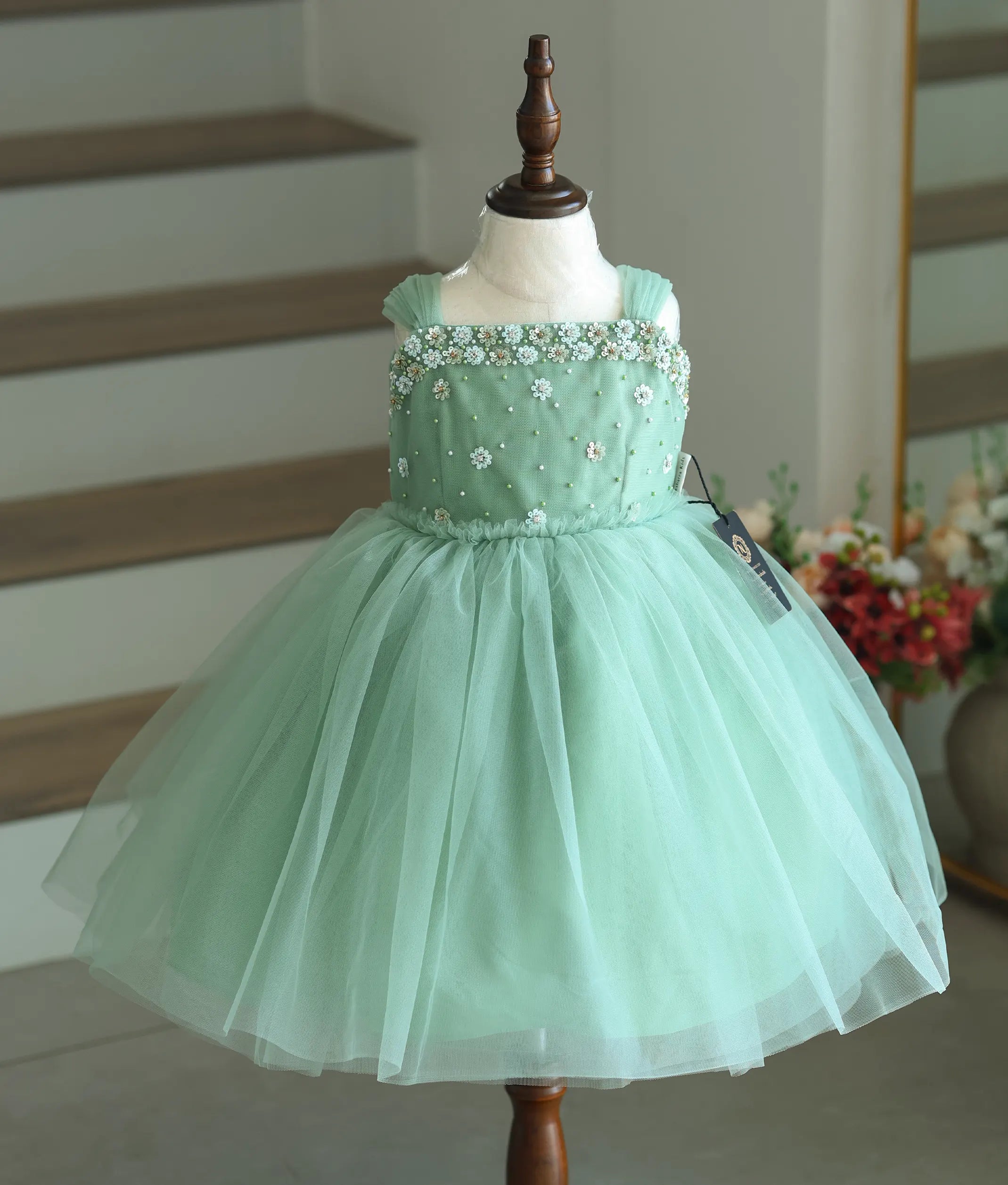 Pastel Green Tulle Net Handworked Birthday Frock For Baby Girl [Ready To Ship: 6060]