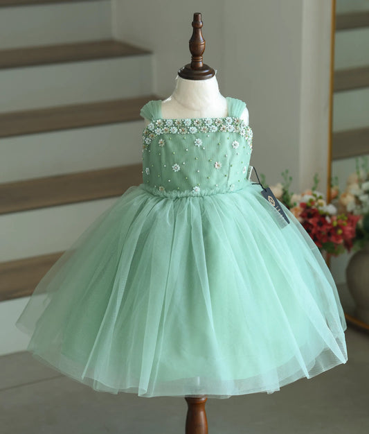Pastel Green Tulle Net Handworked Birthday Frock For Baby Girl [Ready To Ship: 6060]