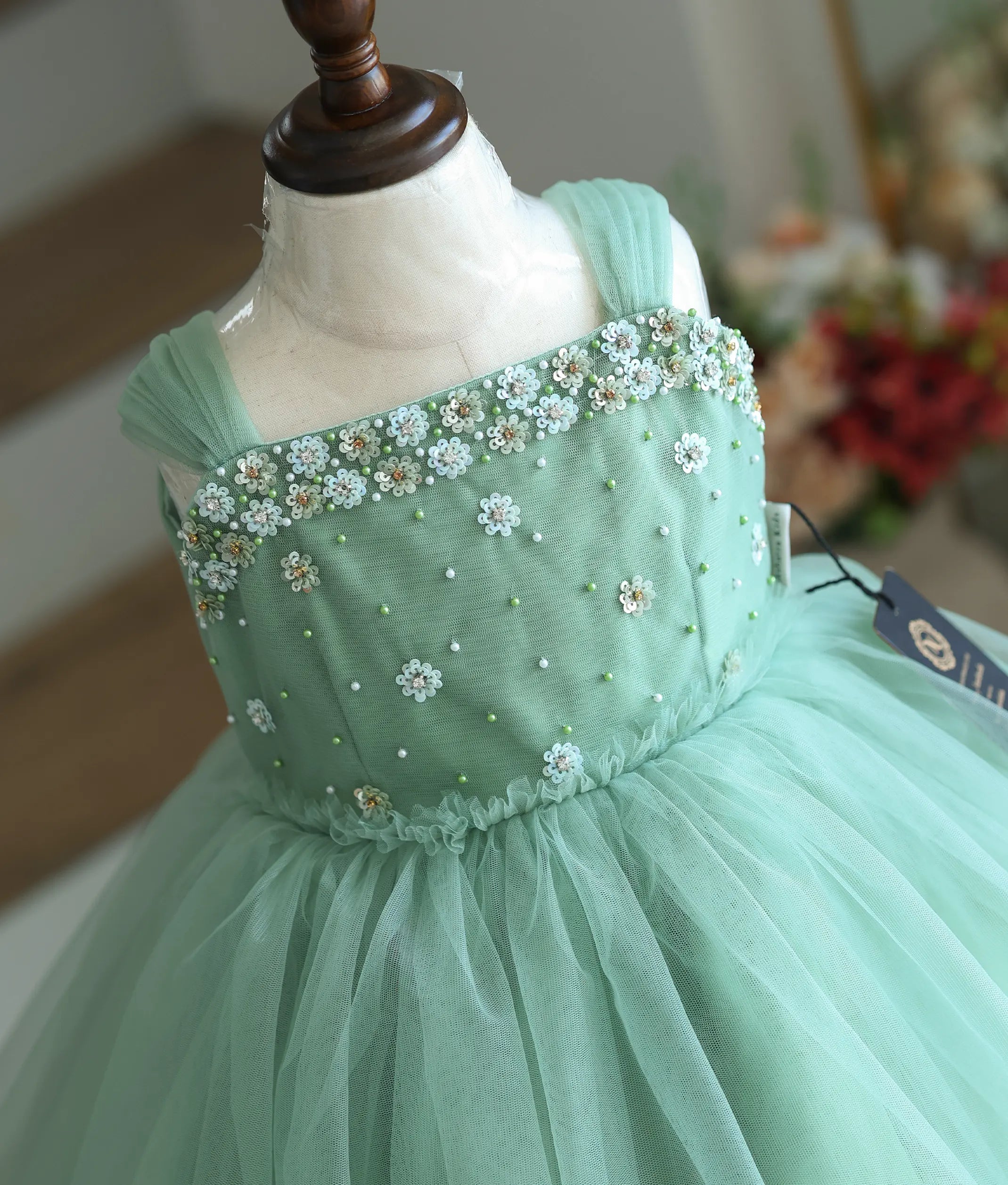 Pastel Green Tulle Net Handworked Birthday Frock For Baby Girl [Ready To Ship: 6060]