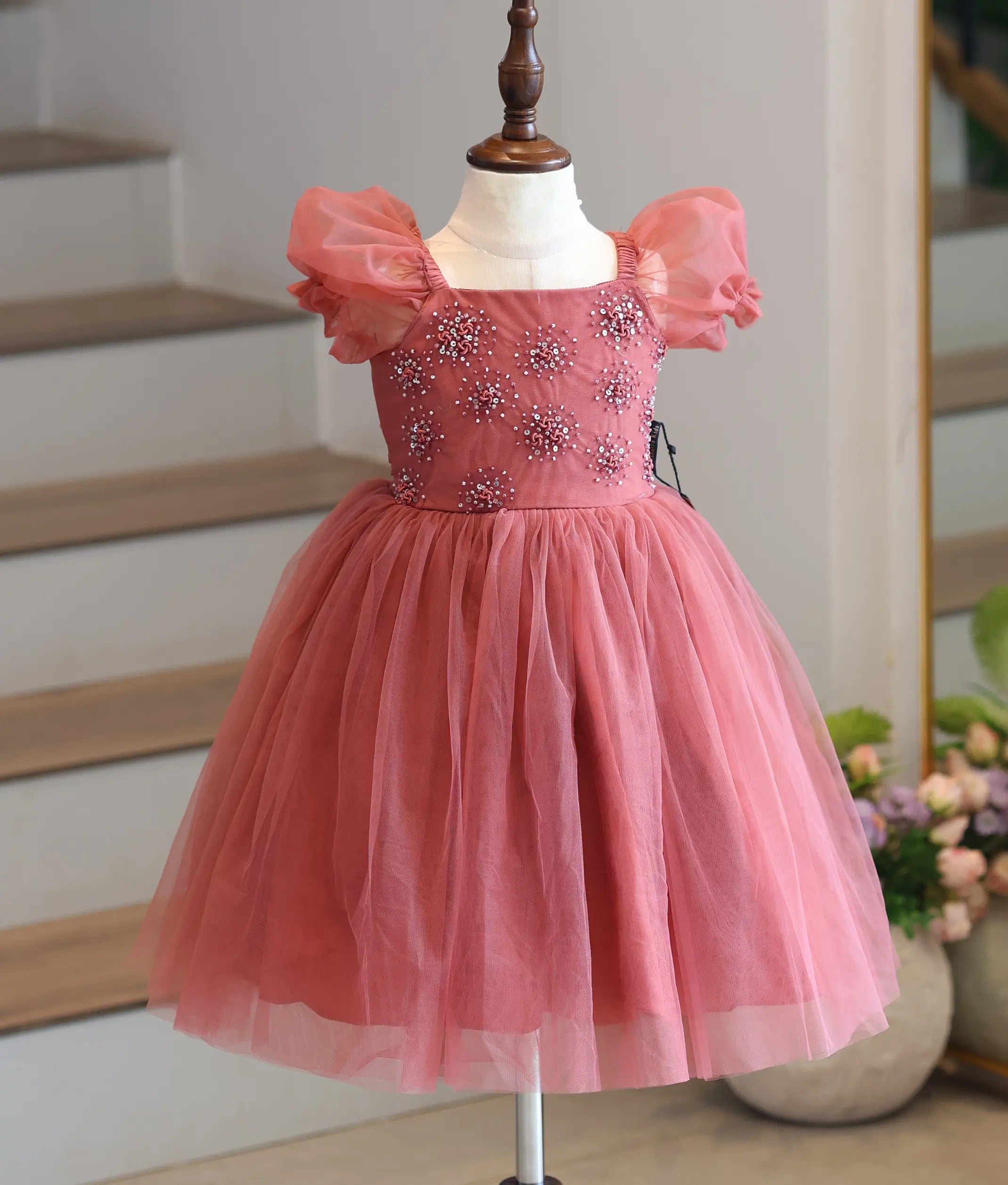 Dusty Rose Tulle Net Handworked Birthday Frock for Baby Girl [6108]