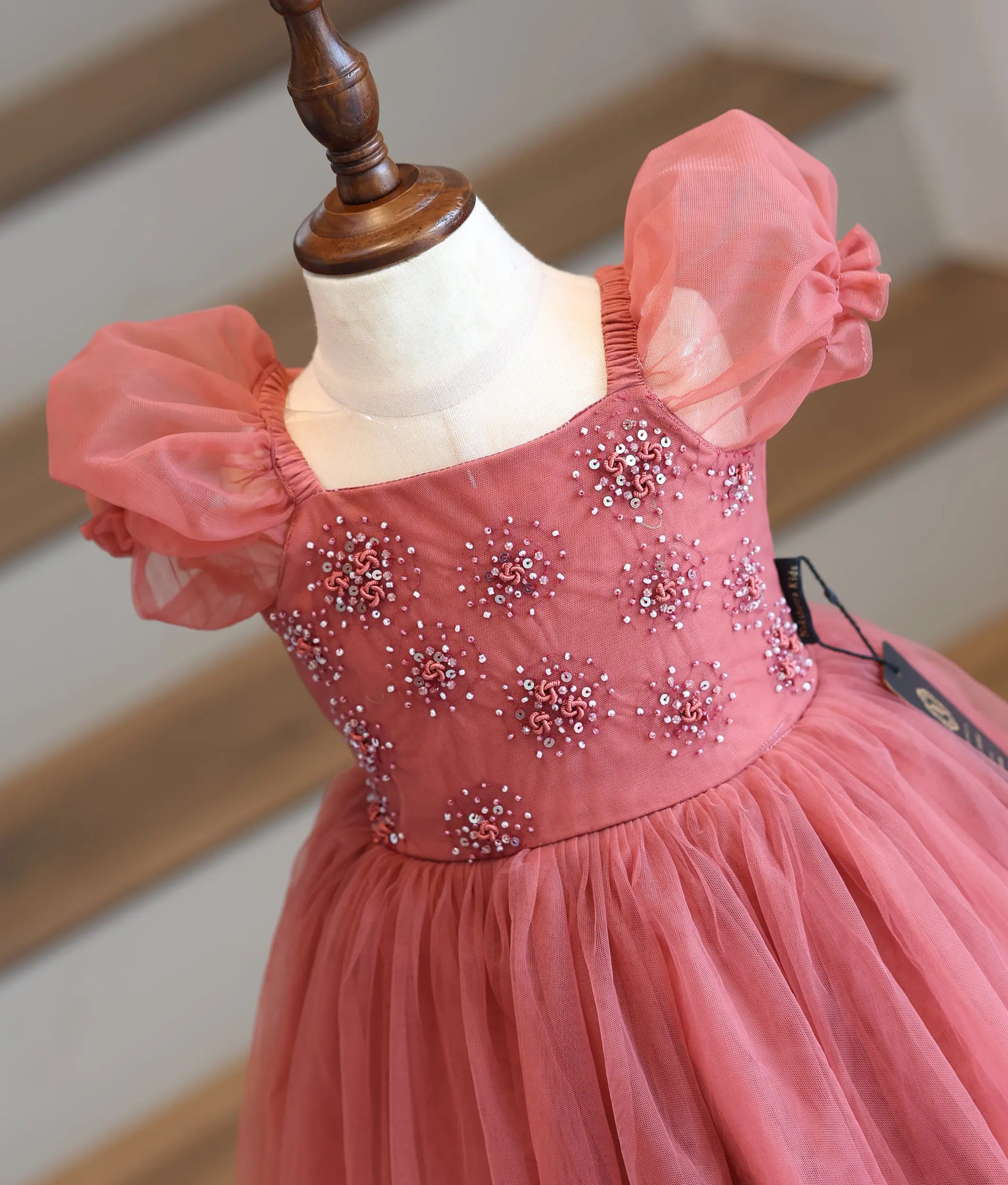 Dusty Rose Tulle Net Handworked Birthday Frock for Baby Girl [6108]
