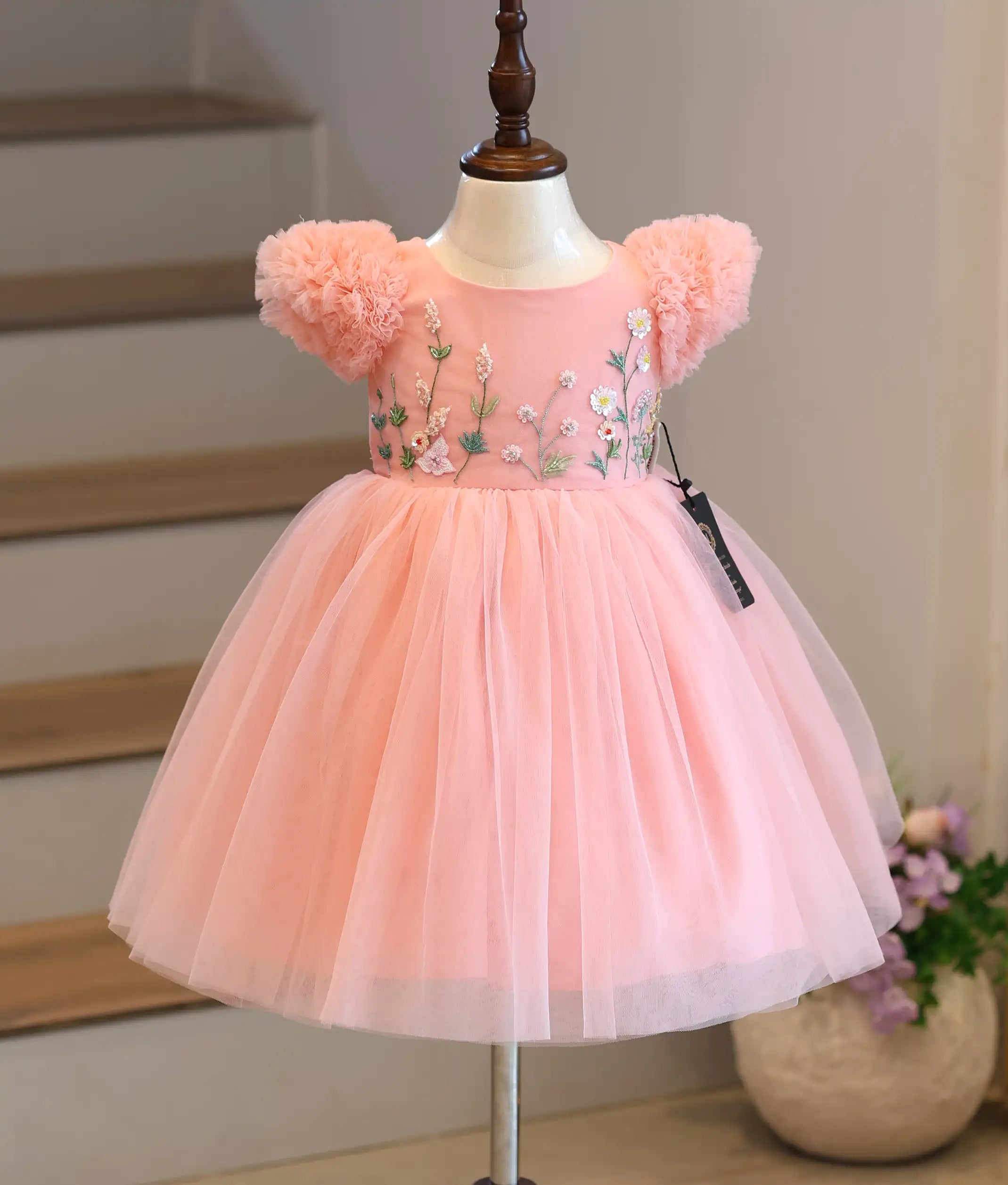 Peach Tulle Net Handworked Birthday Frock For Baby Girl [Ready To Ship: 6109]