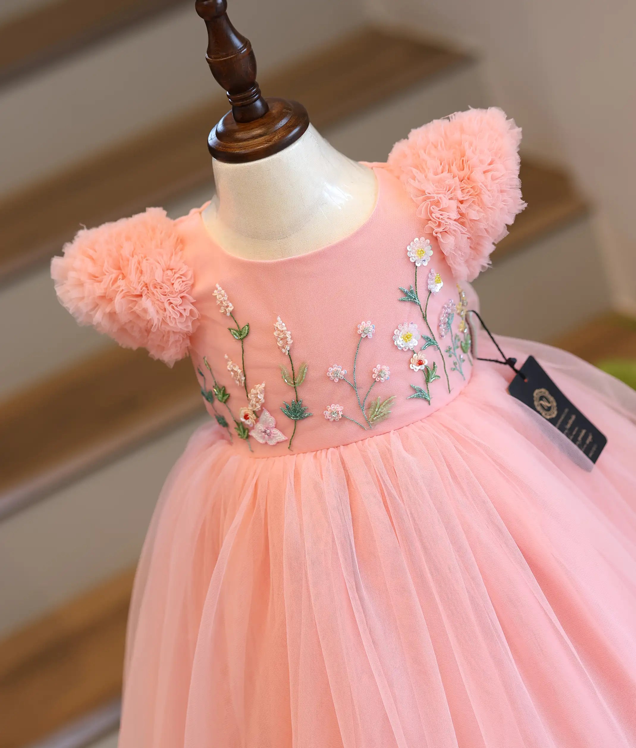 Peach Tulle Net Handworked Birthday Frock For Baby Girl [Ready To Ship: 6109]