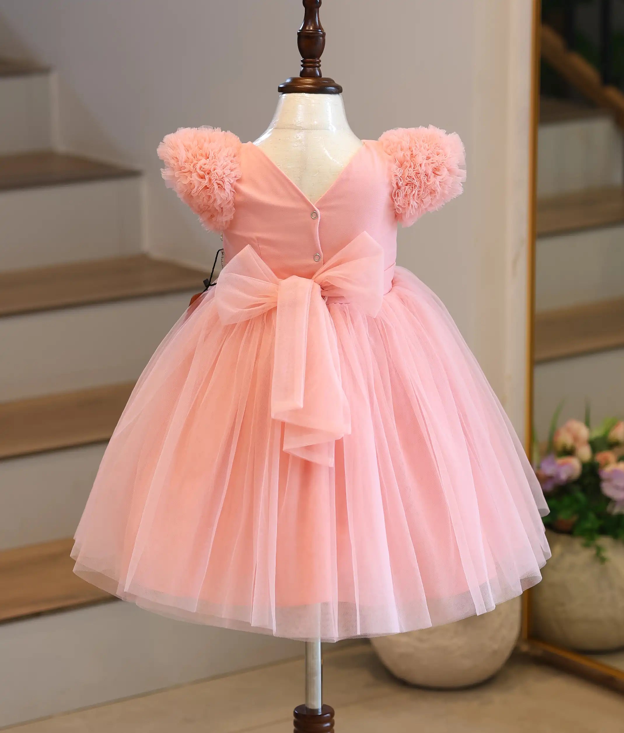 Peach Tulle Net Handworked Birthday Frock For Baby Girl [6109]