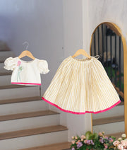 Off-White Cotton Embroidered Kasavu Skirt and Top for Baby Girl [6114]