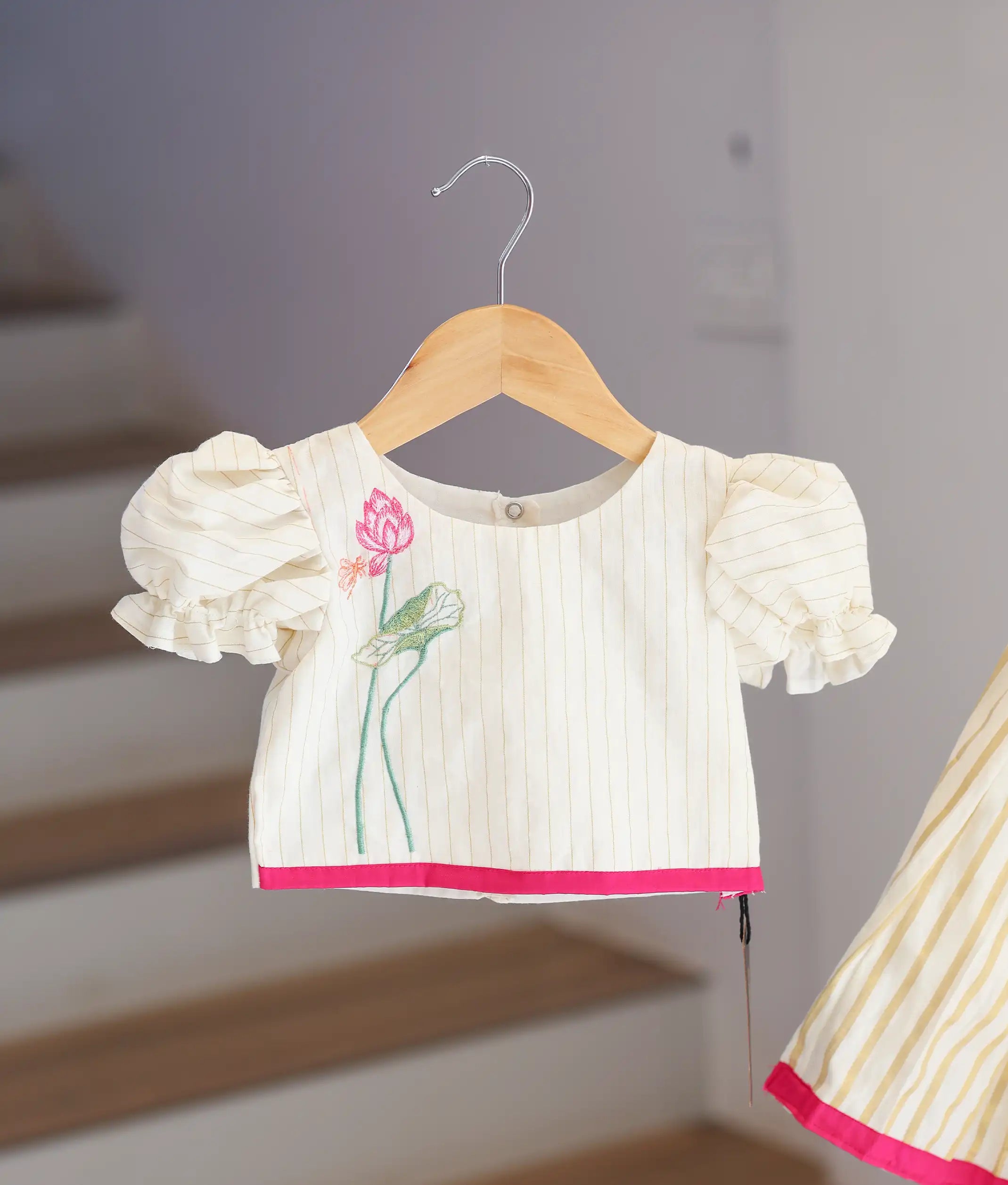 Off-White Cotton Embroidered Kasavu Skirt and Top for Baby Girl [6114]