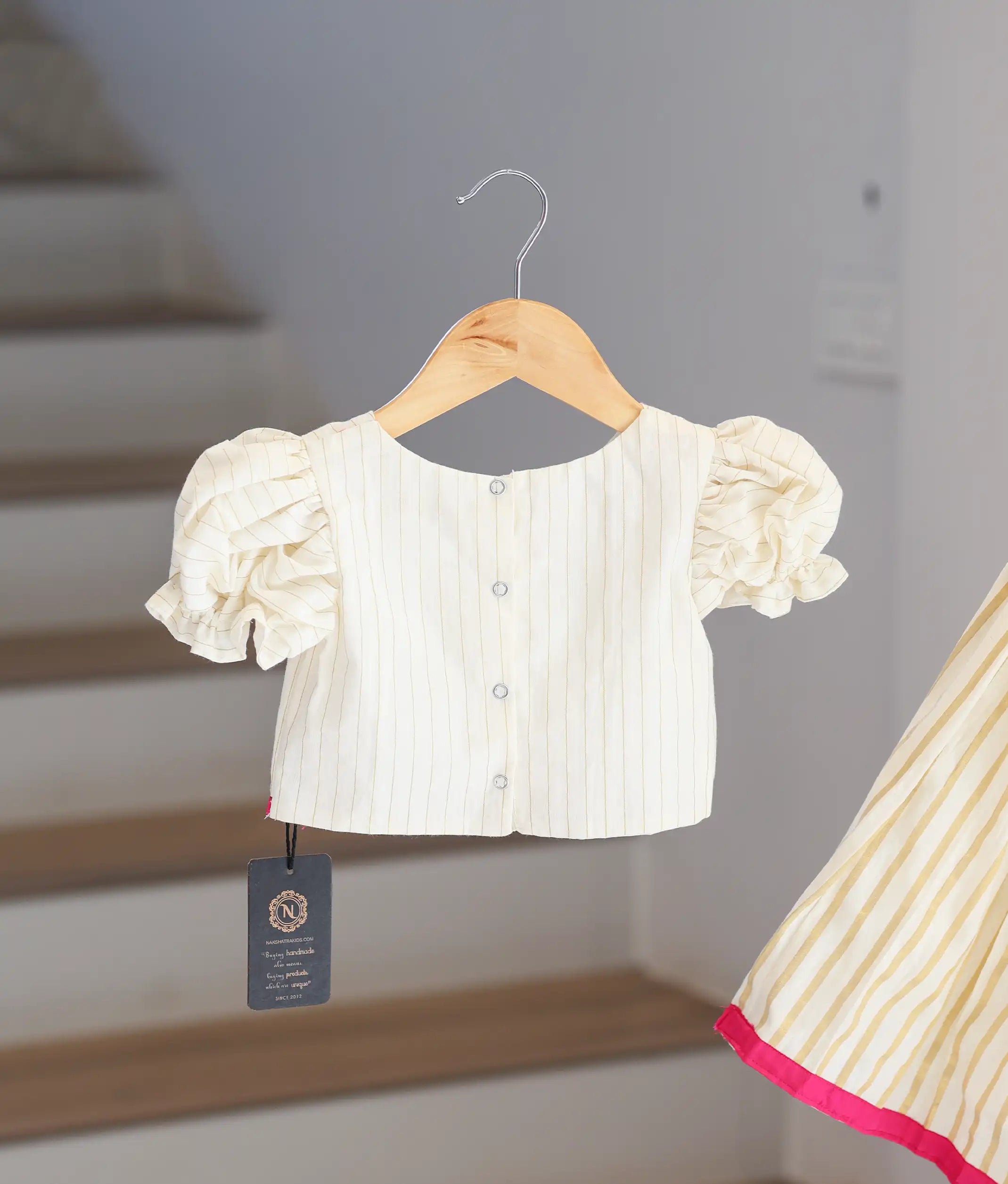 Off-White Cotton Embroidered Kasavu Skirt and Top for Baby Girl [6114]