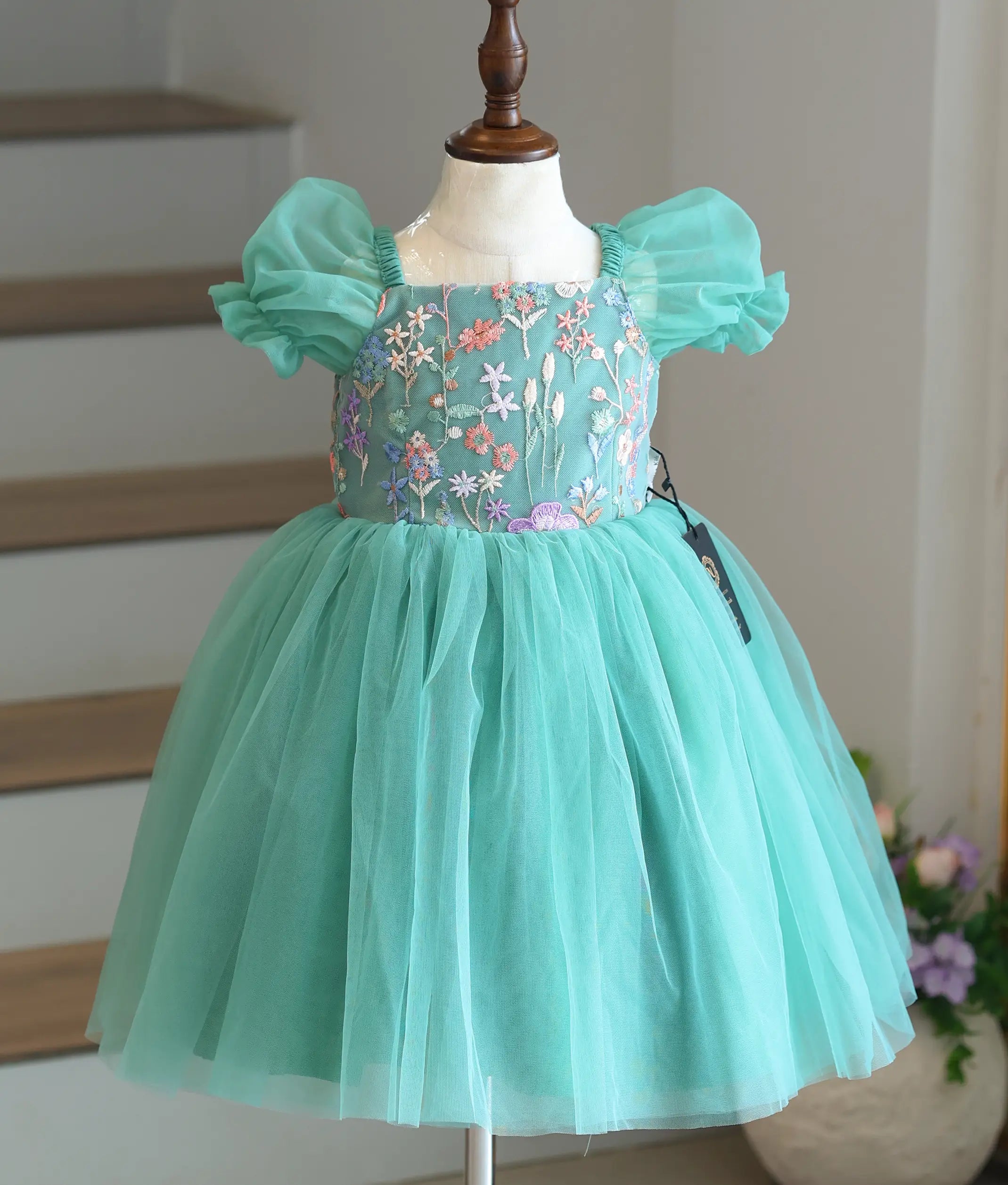 Green Tulle Net And Work Material Birthday Frock For Baby Girl [Ready To Ship: 6118]