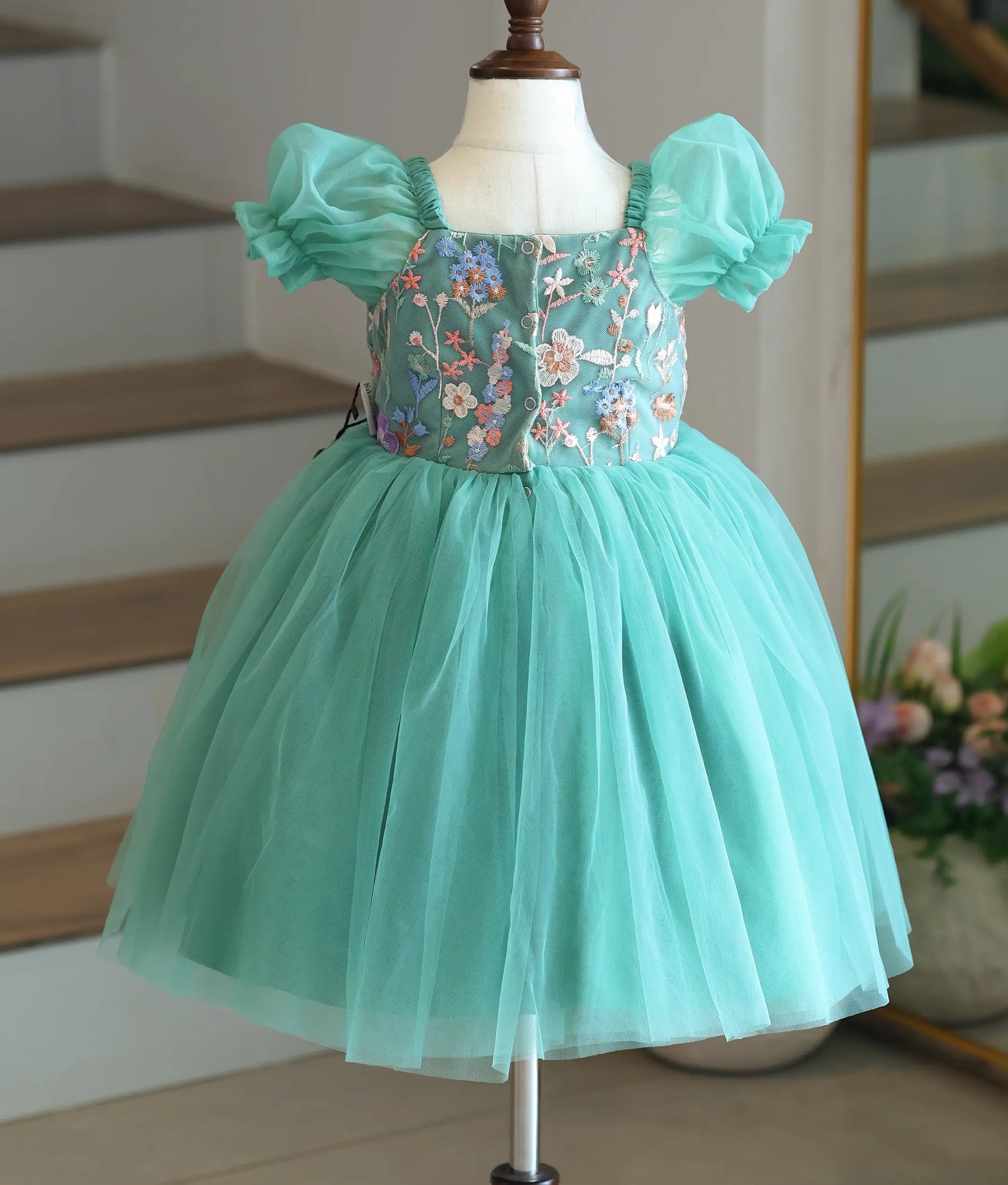 Green Tulle Net And Work Material Birthday Frock For Baby Girl [Ready To Ship: 6118]