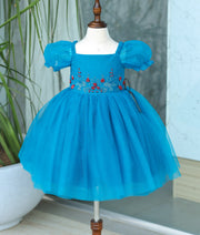 Peacock Blue Tulle Net Hand worked Birthday Frock for Baby Girl [6121]