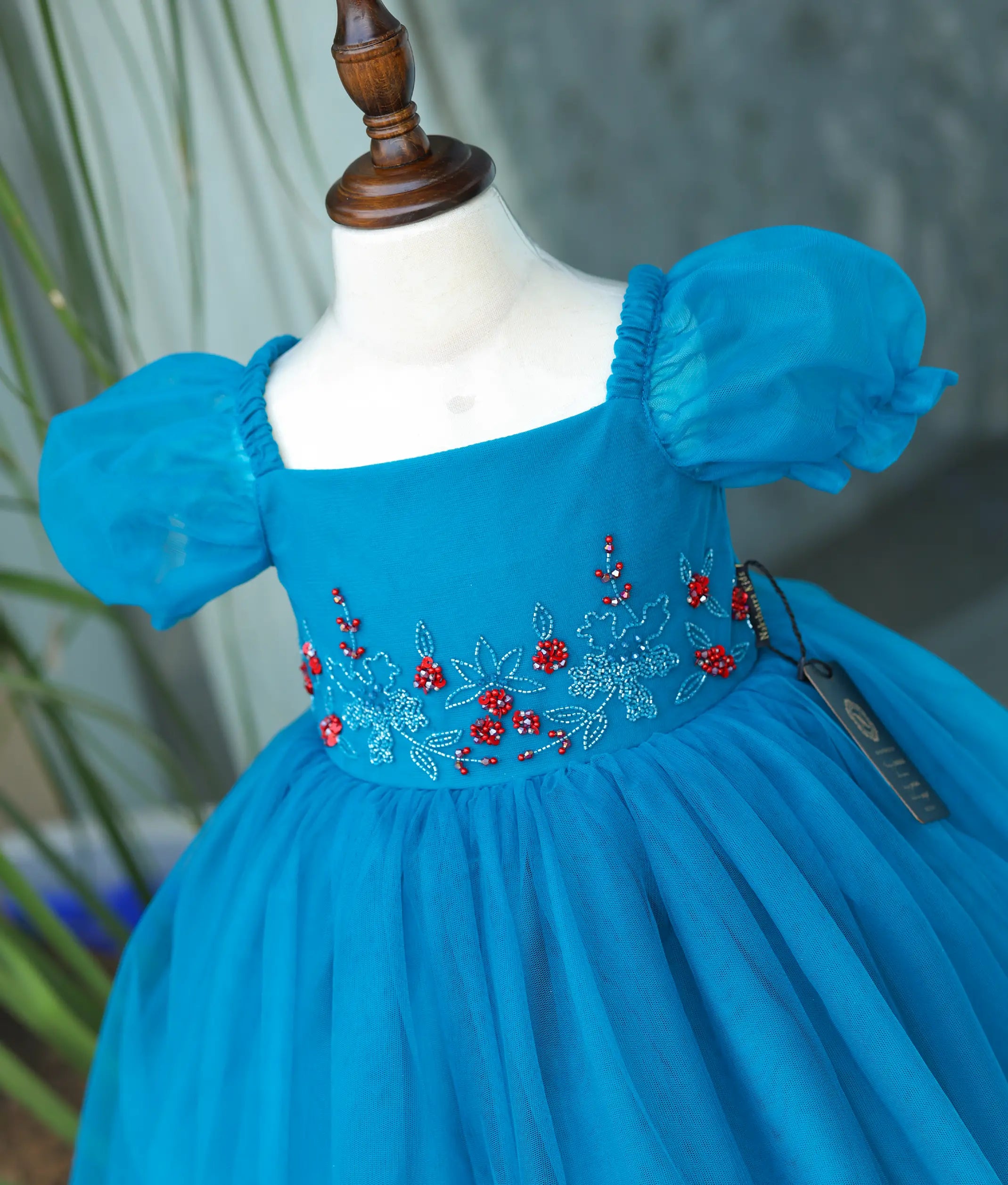 Peacock Blue Tulle Net Handworked Birthday Frock For Baby Girl [Ready To Ship: 6121]