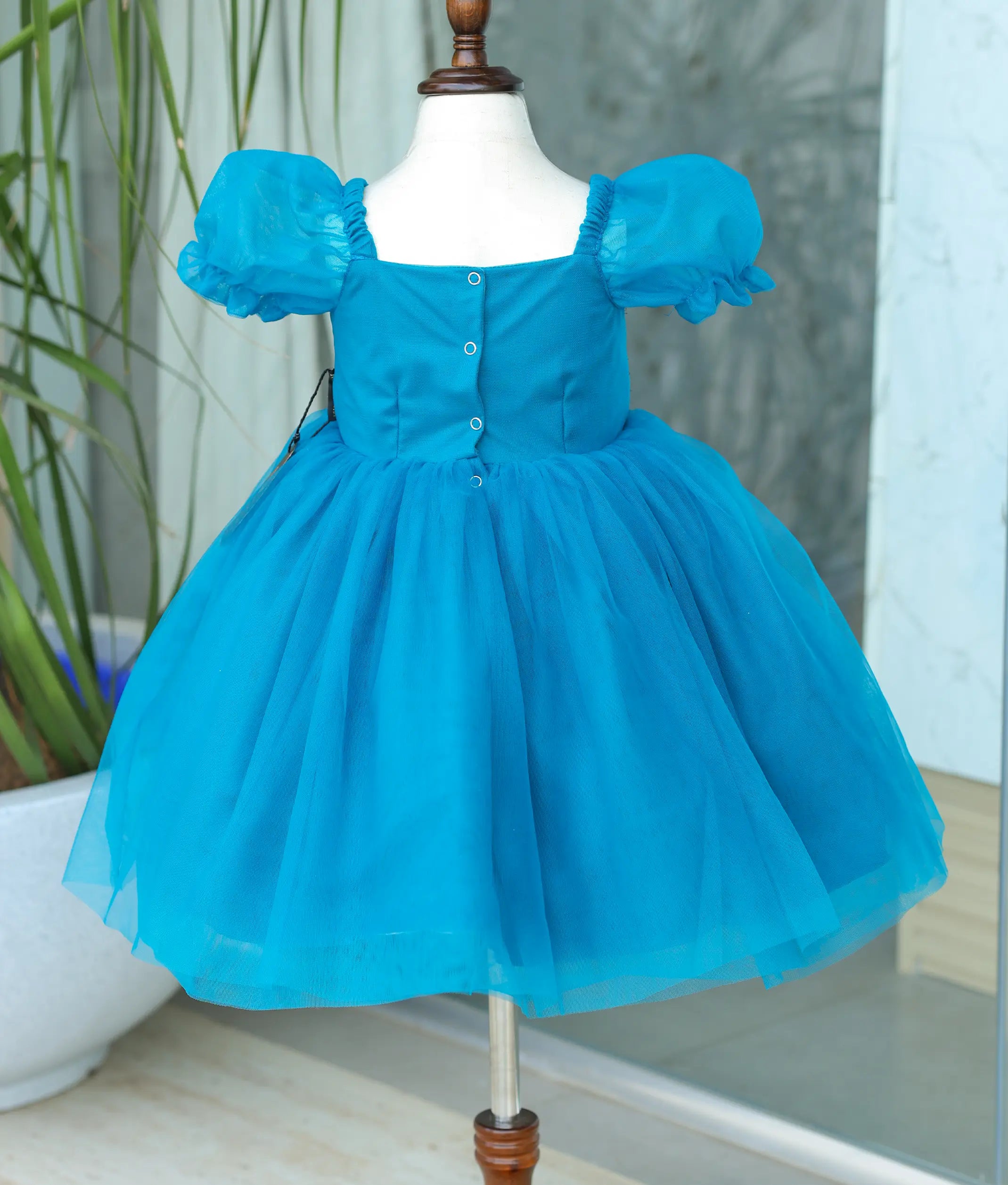 Peacock Blue Tulle Net Hand worked Birthday Frock for Baby Girl [6121]