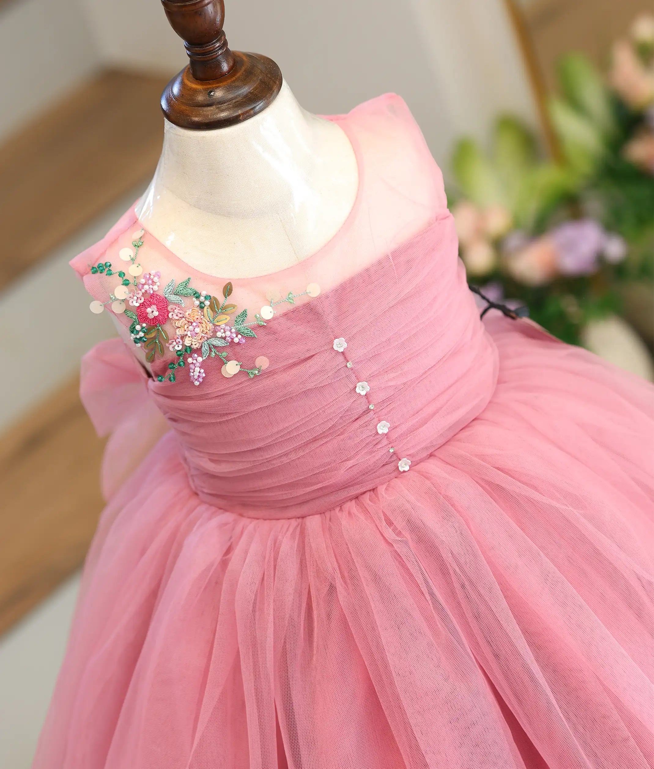 Onion Pink Tulle Net Handworked Birthday Frock for Baby Girl [6122]